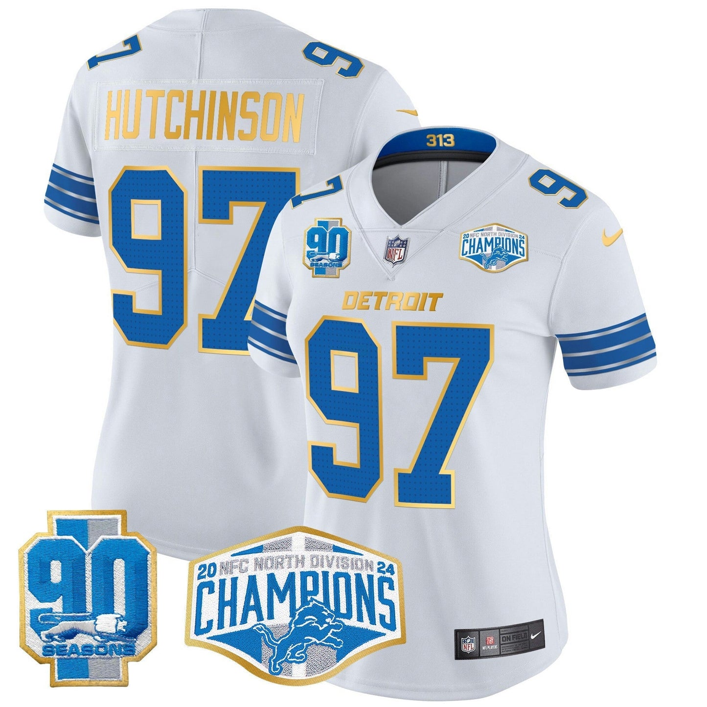 Camisa NFL Women’s Detroit 2024 NFC North Division Champions Patch Dourada Trim Vapor Limited Jersey