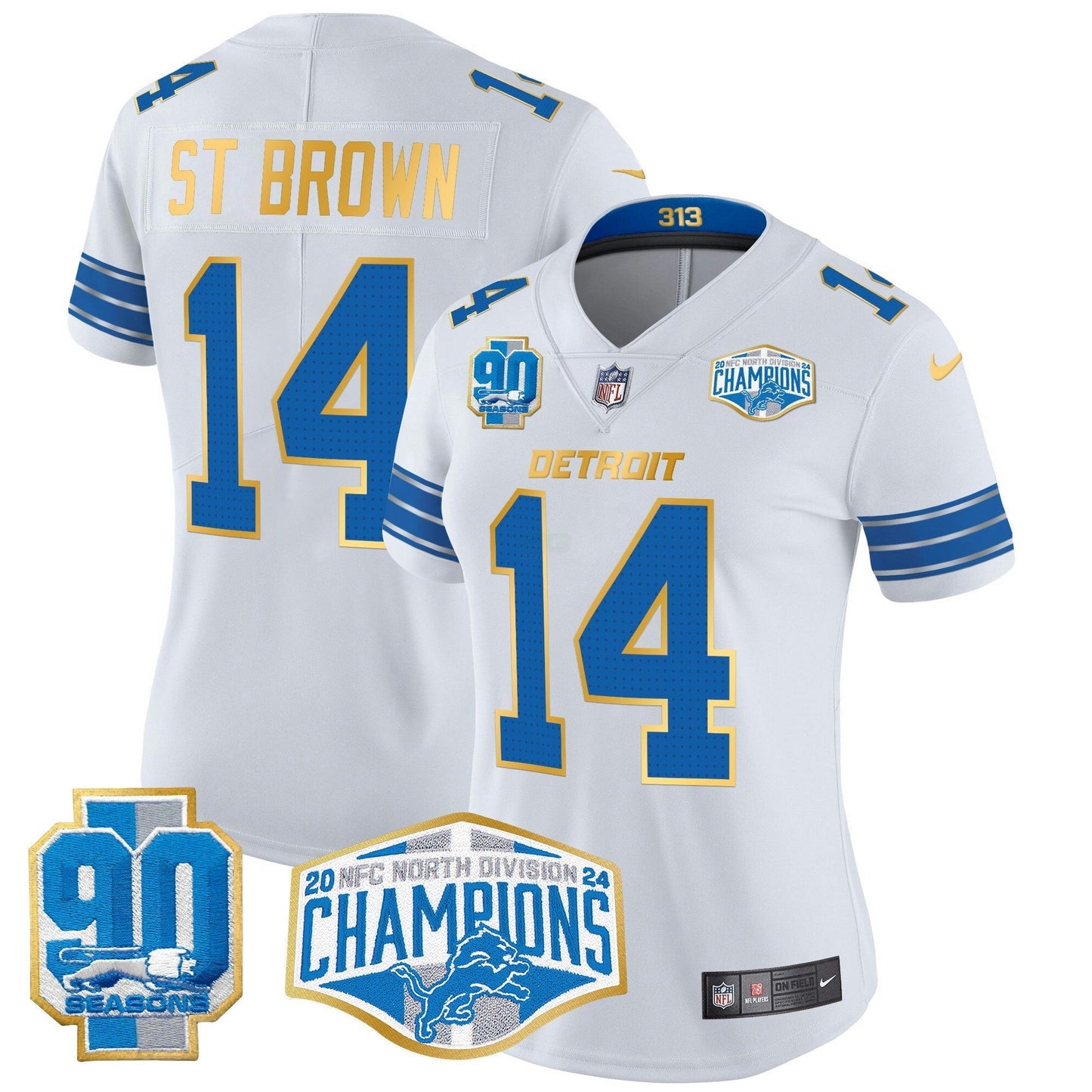 Camisa NFL Women’s Detroit 2024 NFC North Division Champions Patch Dourada Trim Vapor Limited Jersey