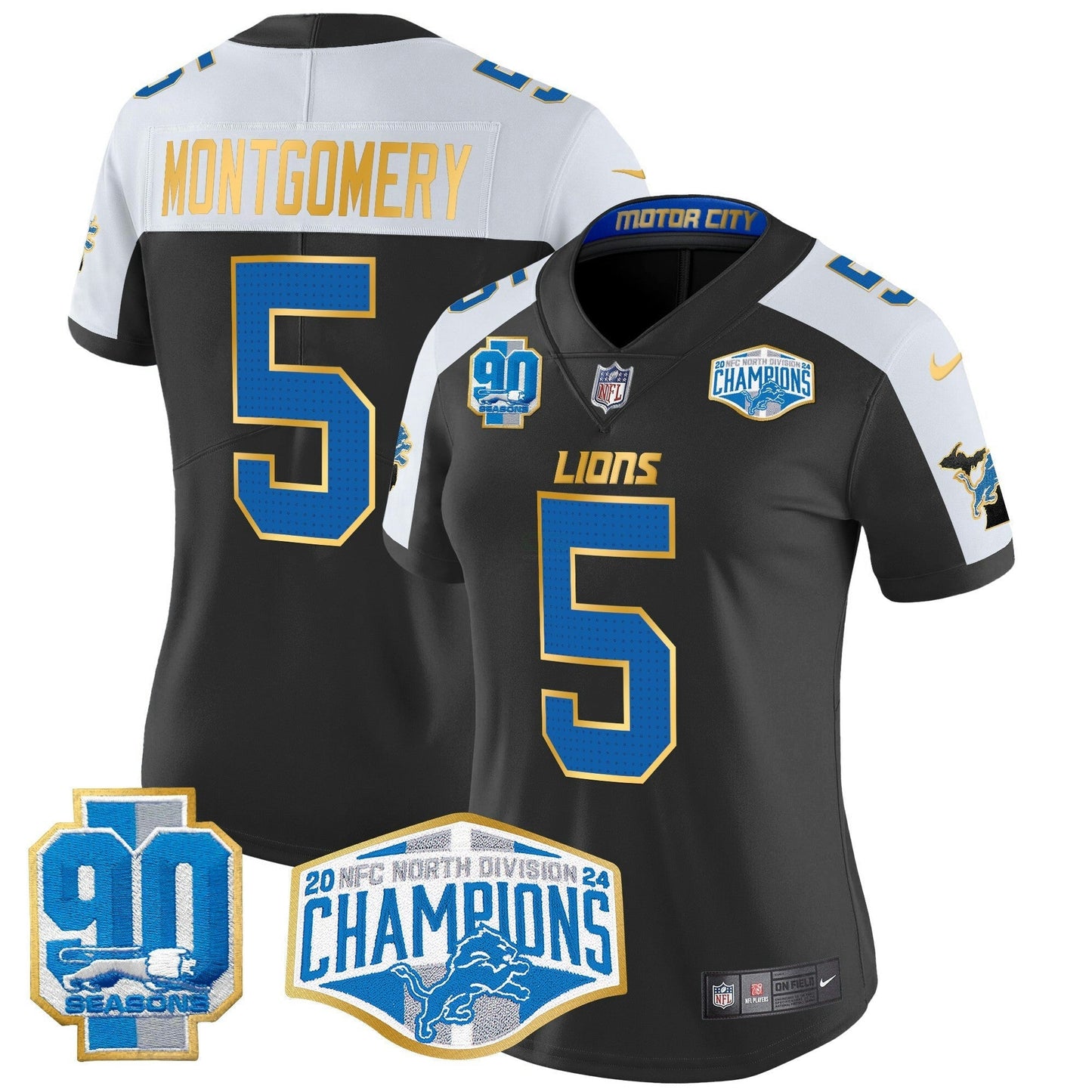 Camisa NFL Women’s Detroit 2024 NFC North Division Champions Patch Dourada Trim Vapor Limited Jersey
