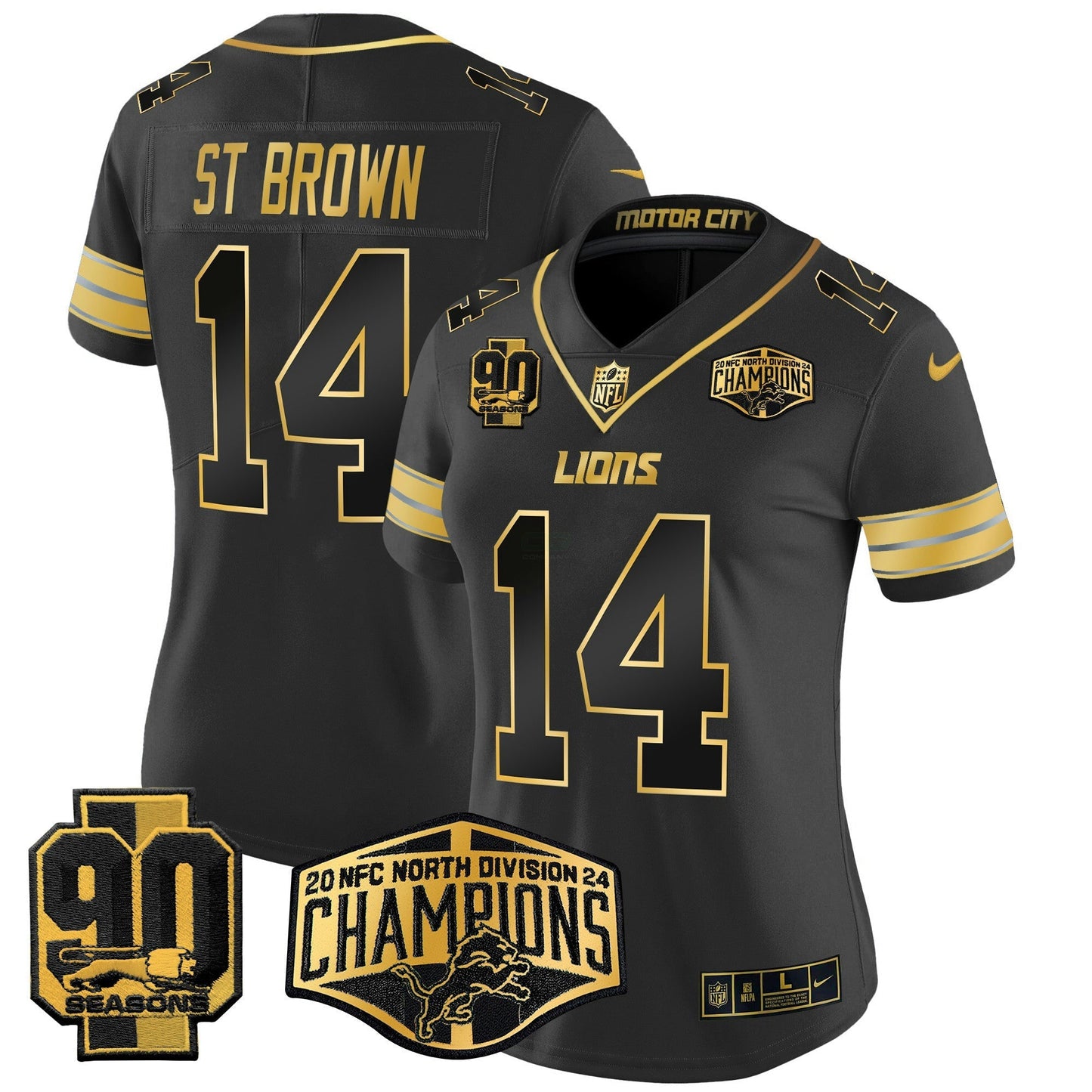 Camisa NFL Women’s Detroit 2024 NFC North Division Champions Patch Dourada Vapor Limited Jersey