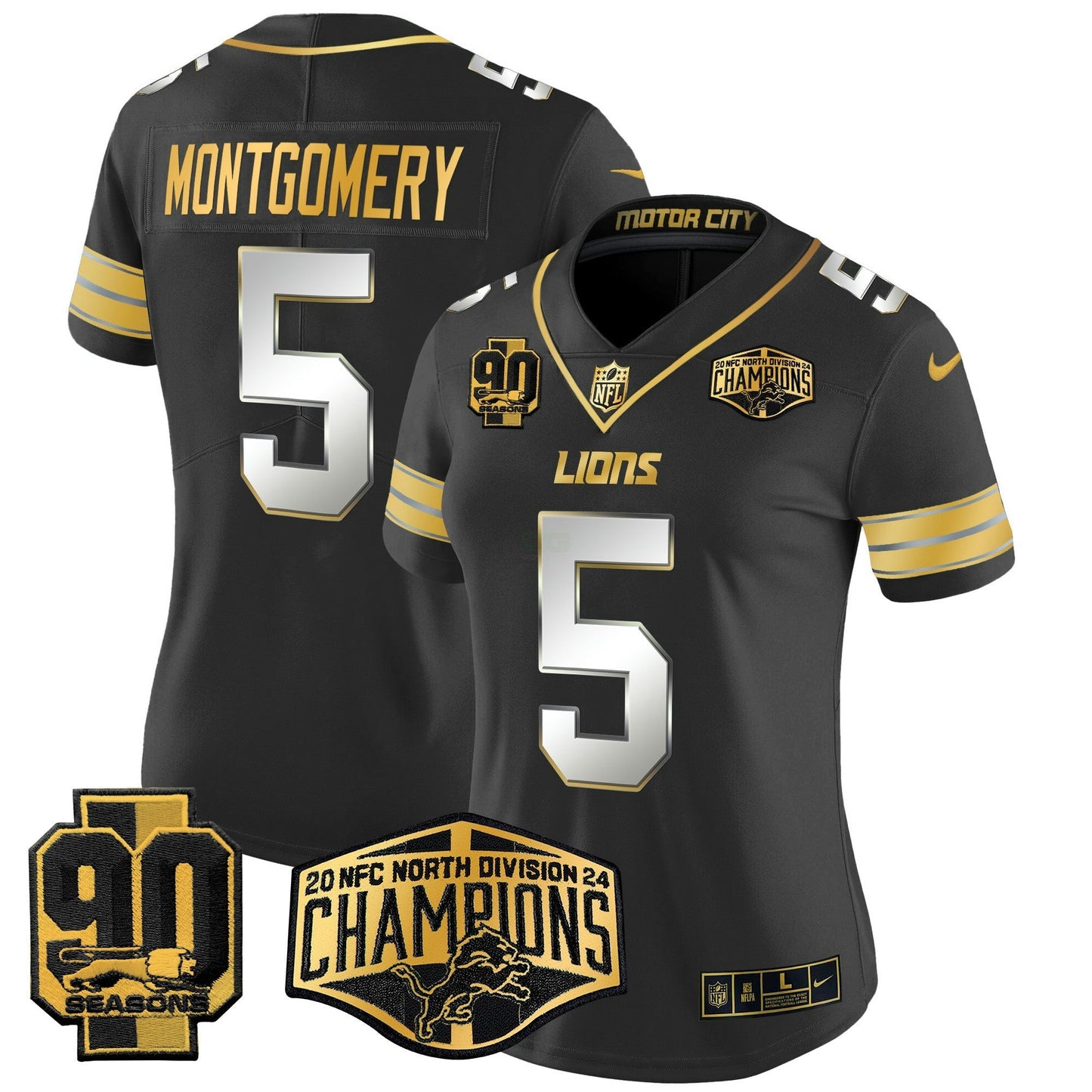 Camisa NFL Women’s Detroit 2024 NFC North Division Champions Patch Dourada Vapor Limited Jersey
