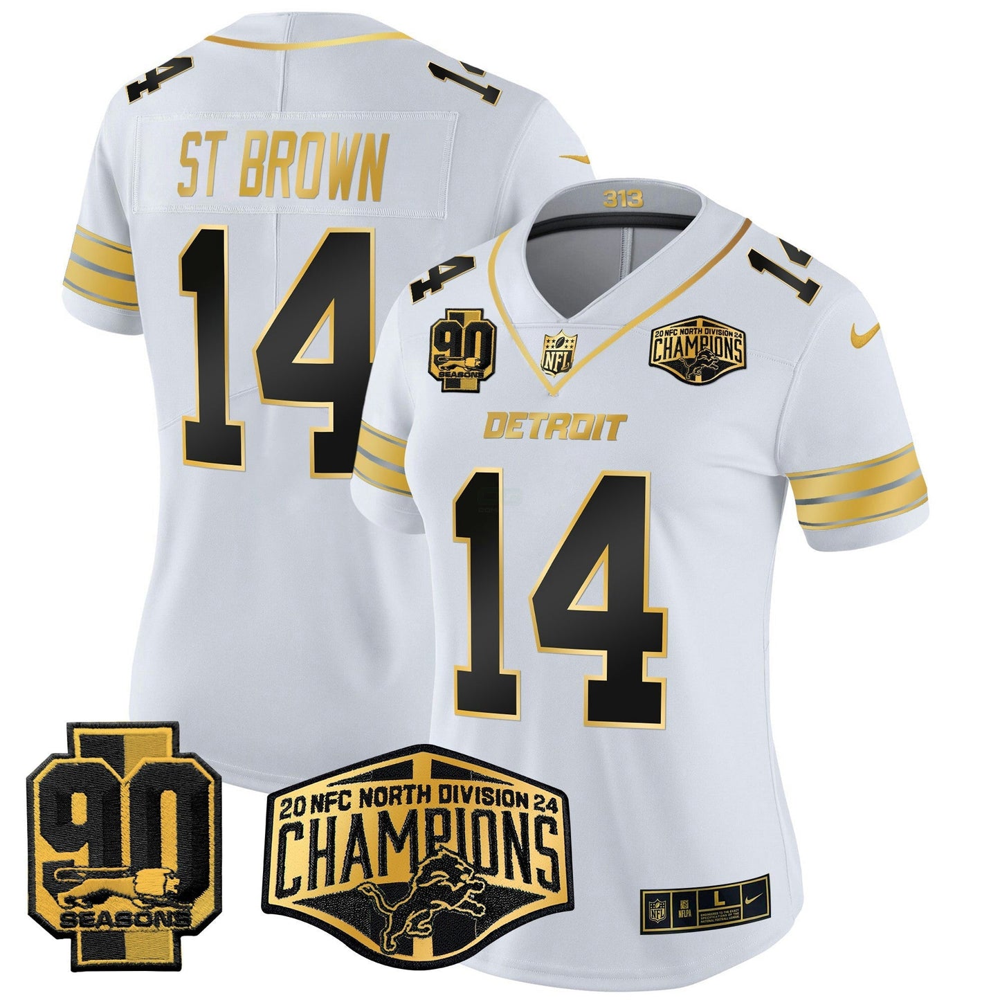 Camisa NFL Women’s Detroit 2024 NFC North Division Champions Patch Dourada Vapor Limited Jersey