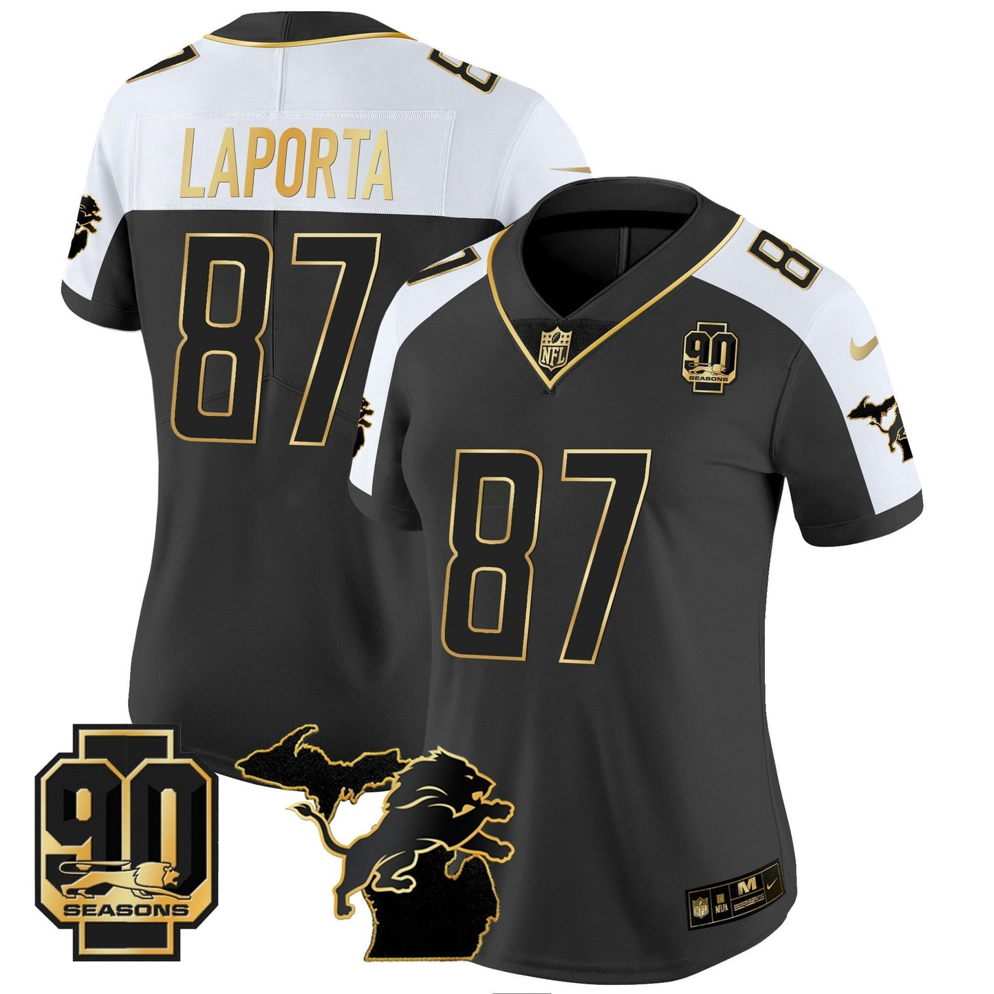 Camisa NFL Women’s Detroit 90th Year & Michigan Patch Dourada Vapor Jersey