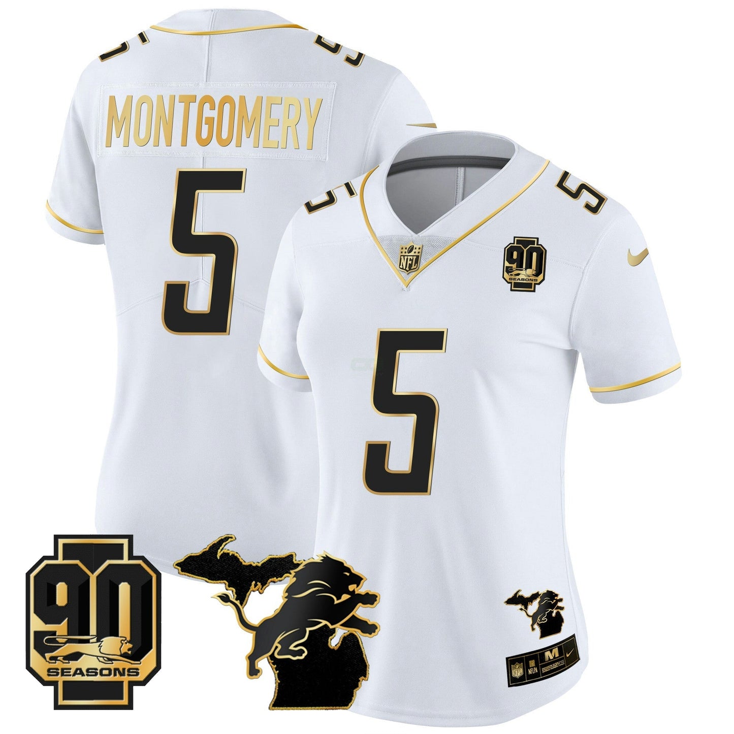 Camisa NFL Women’s Detroit 90th Year & Michigan Patch Dourada Vapor Jersey