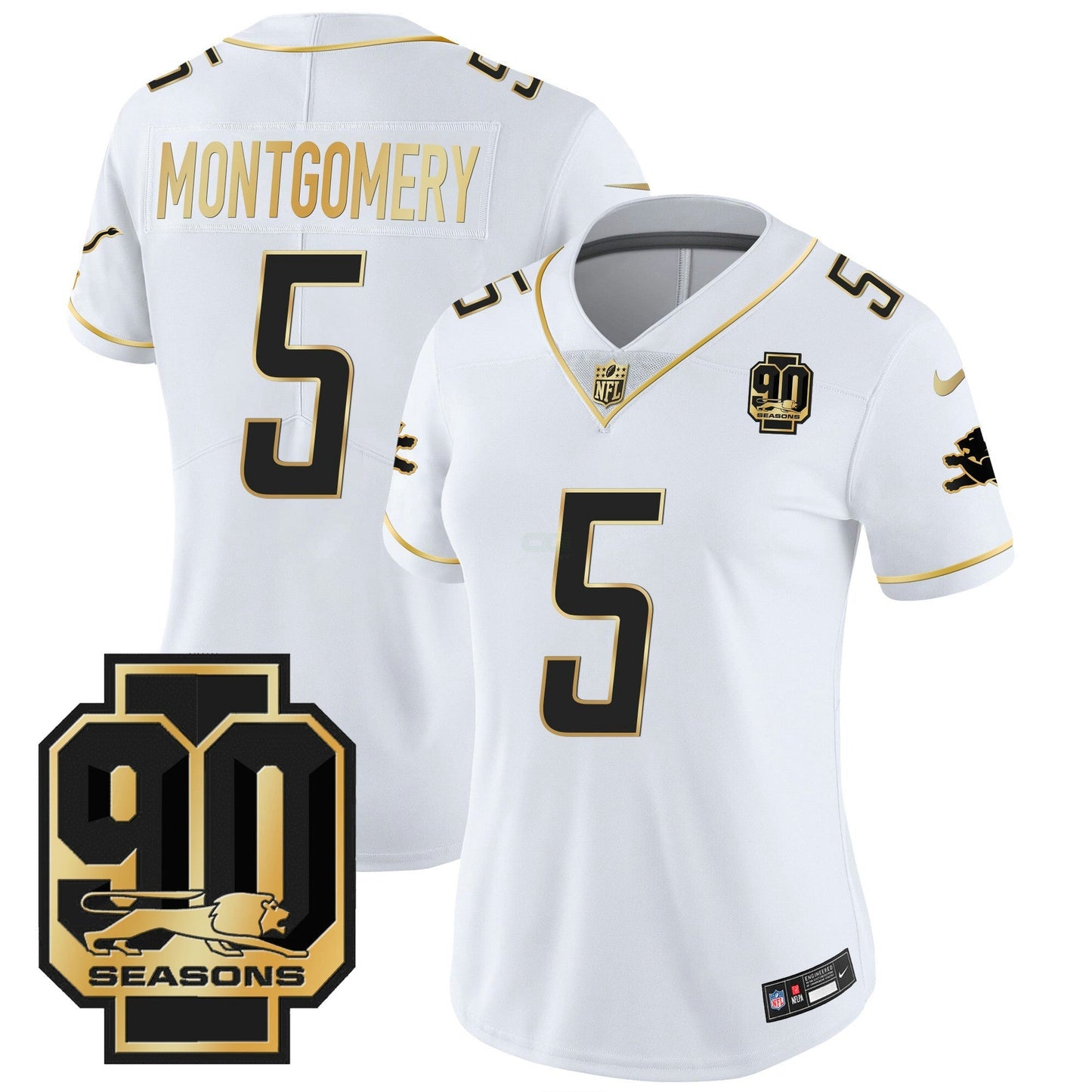 Camisa NFL Women’s Detroit 90th Year Patch Dourada Jersey