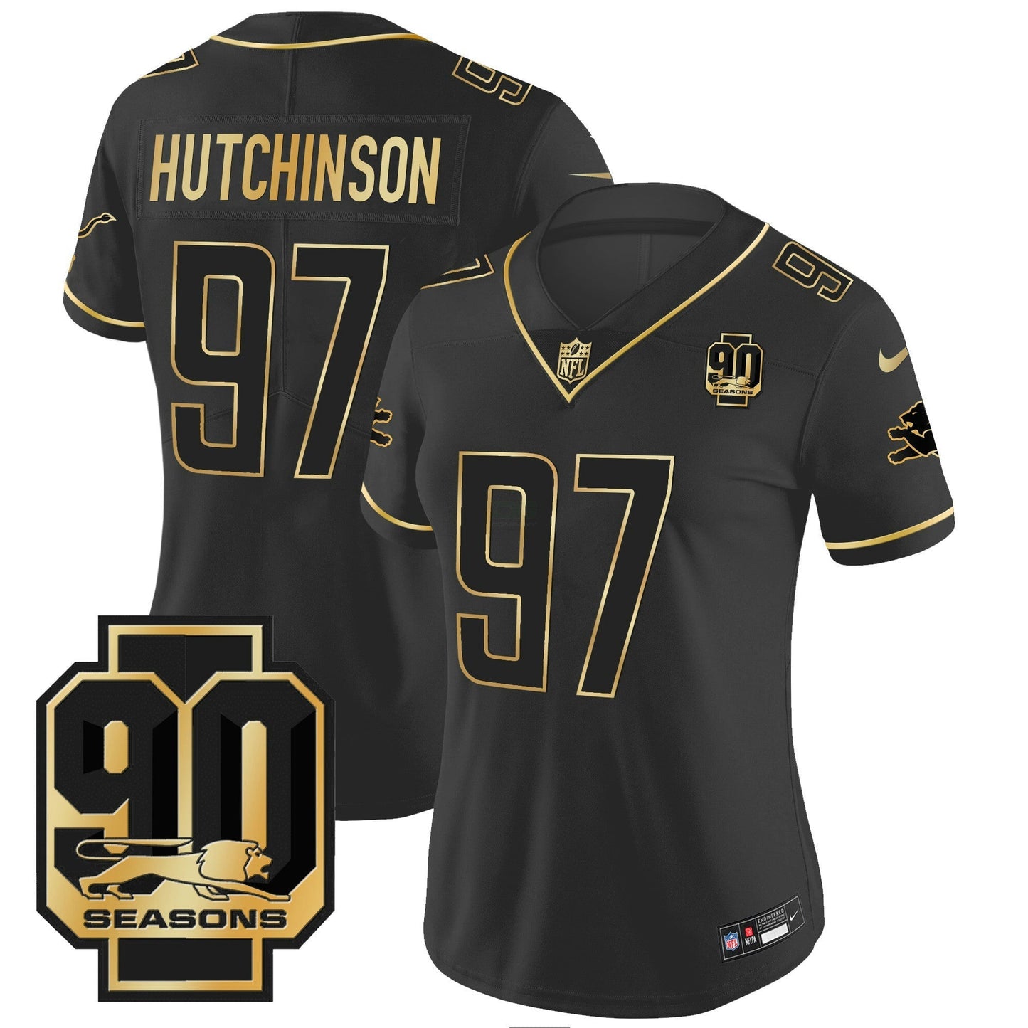 Camisa NFL Women’s Detroit 90th Year Patch Dourada Jersey