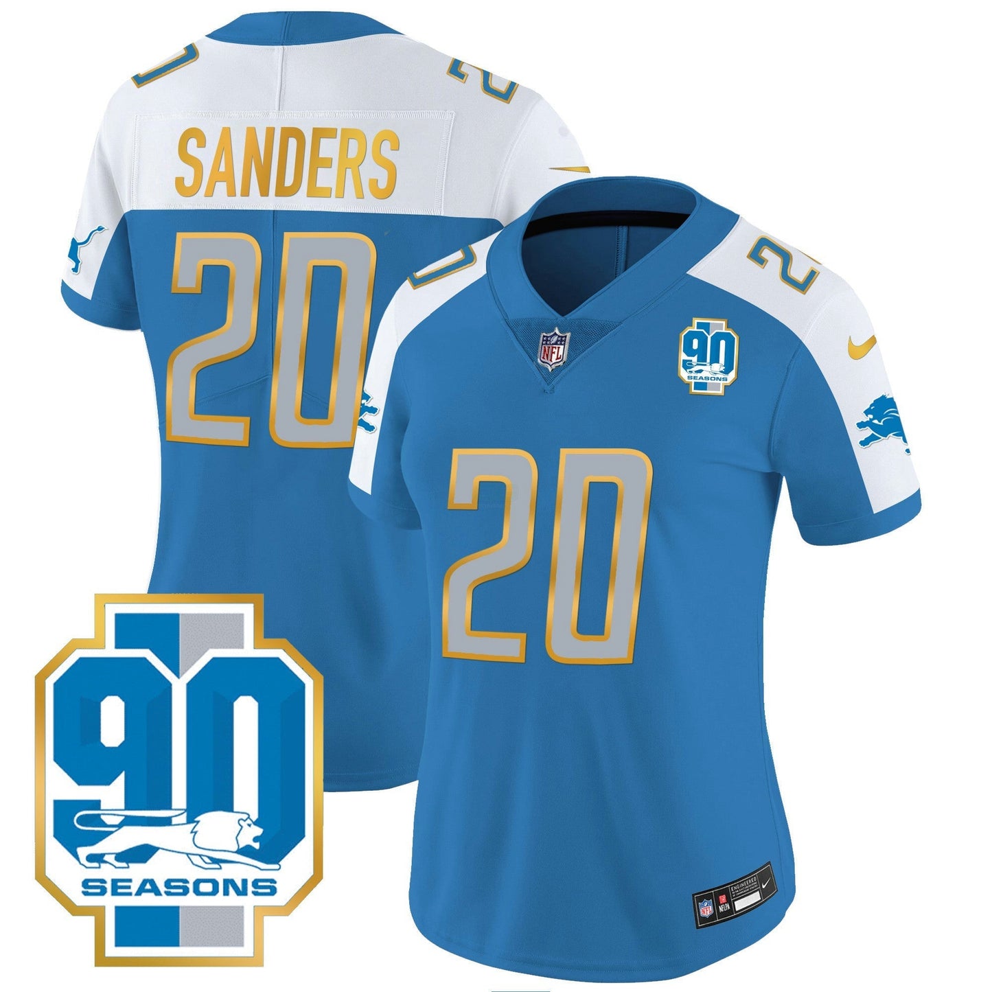 Camisa NFL Women’s Detroit 90th Year Patch Dourada Trim Jersey