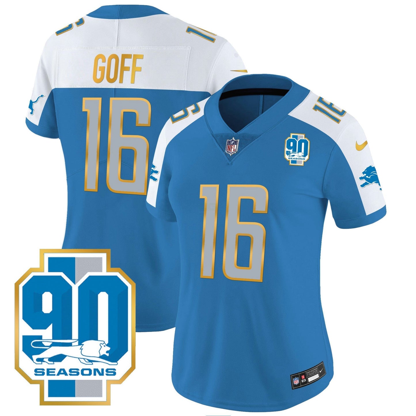 Camisa NFL Women’s Detroit 90th Year Patch Dourada Trim Jersey