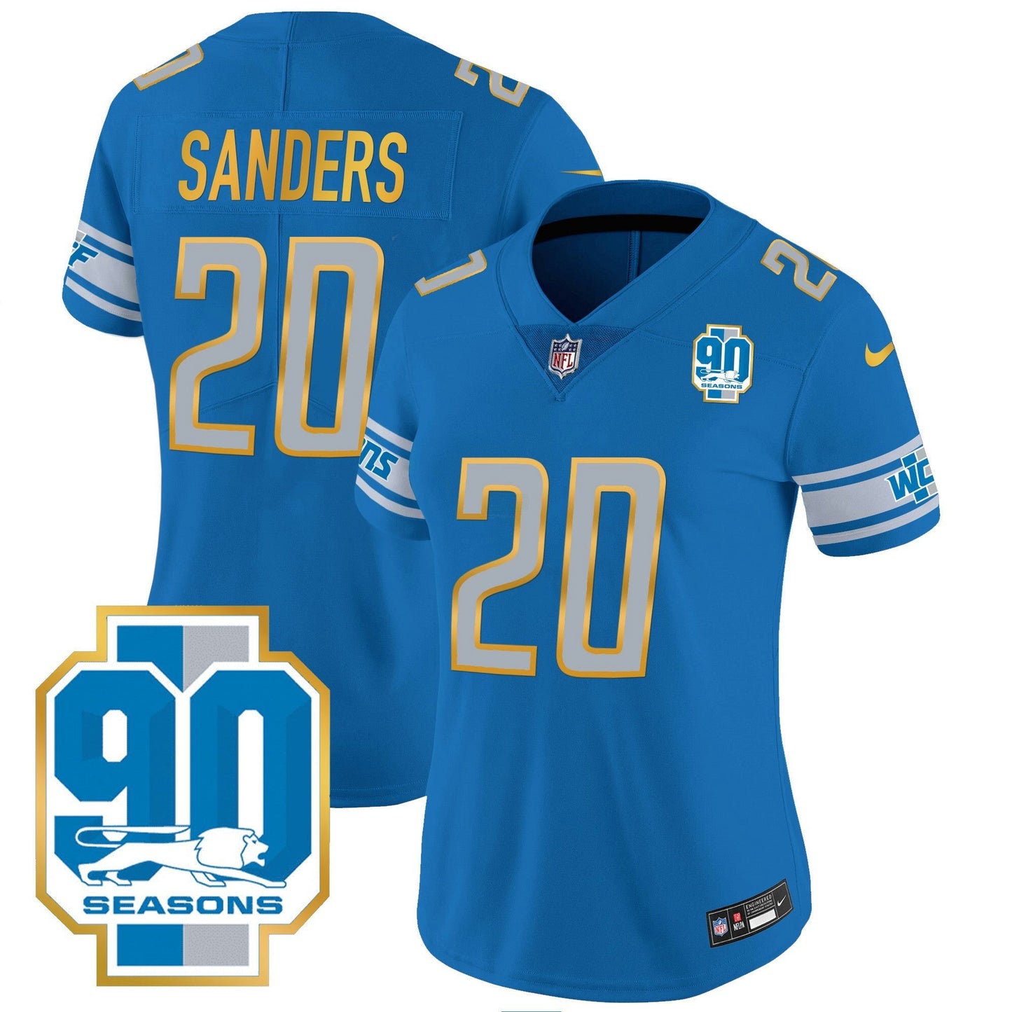 Camisa NFL Women’s Detroit 90th Year Patch Dourada Trim Jersey