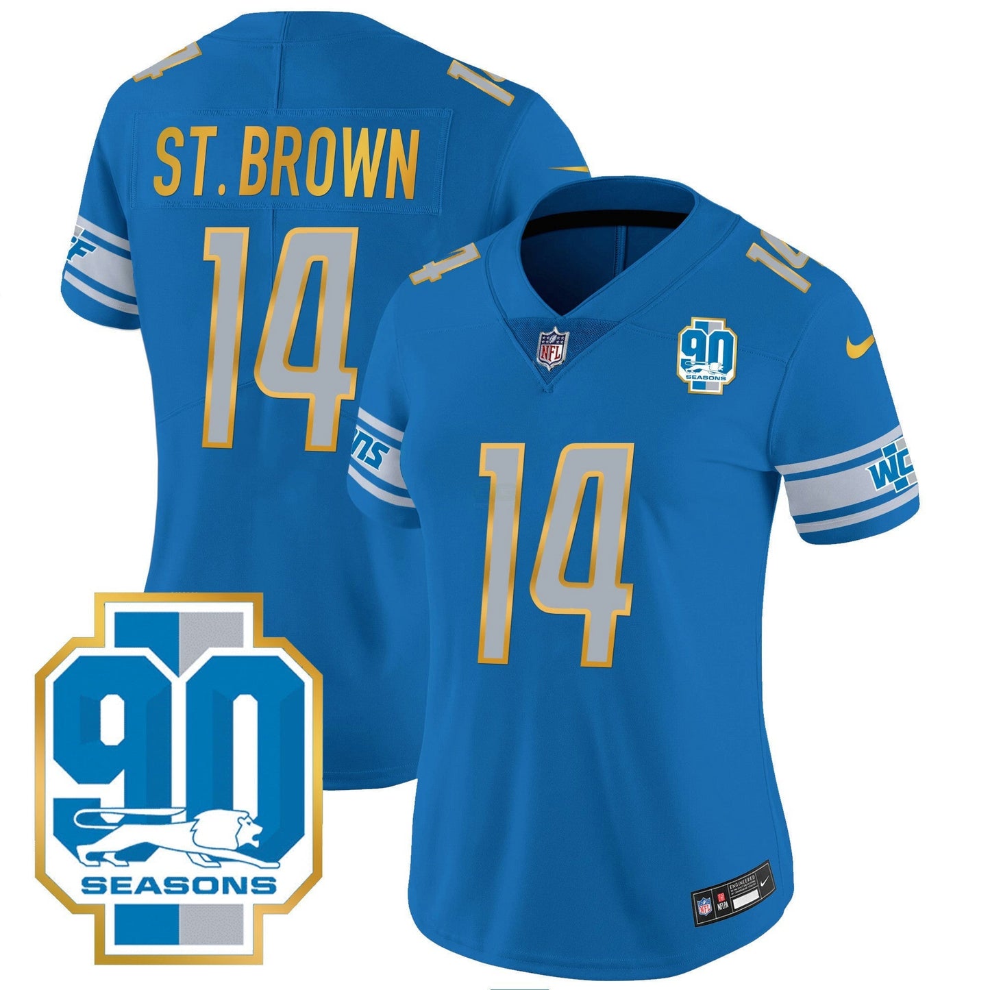 Camisa NFL Women’s Detroit 90th Year Patch Dourada Trim Jersey
