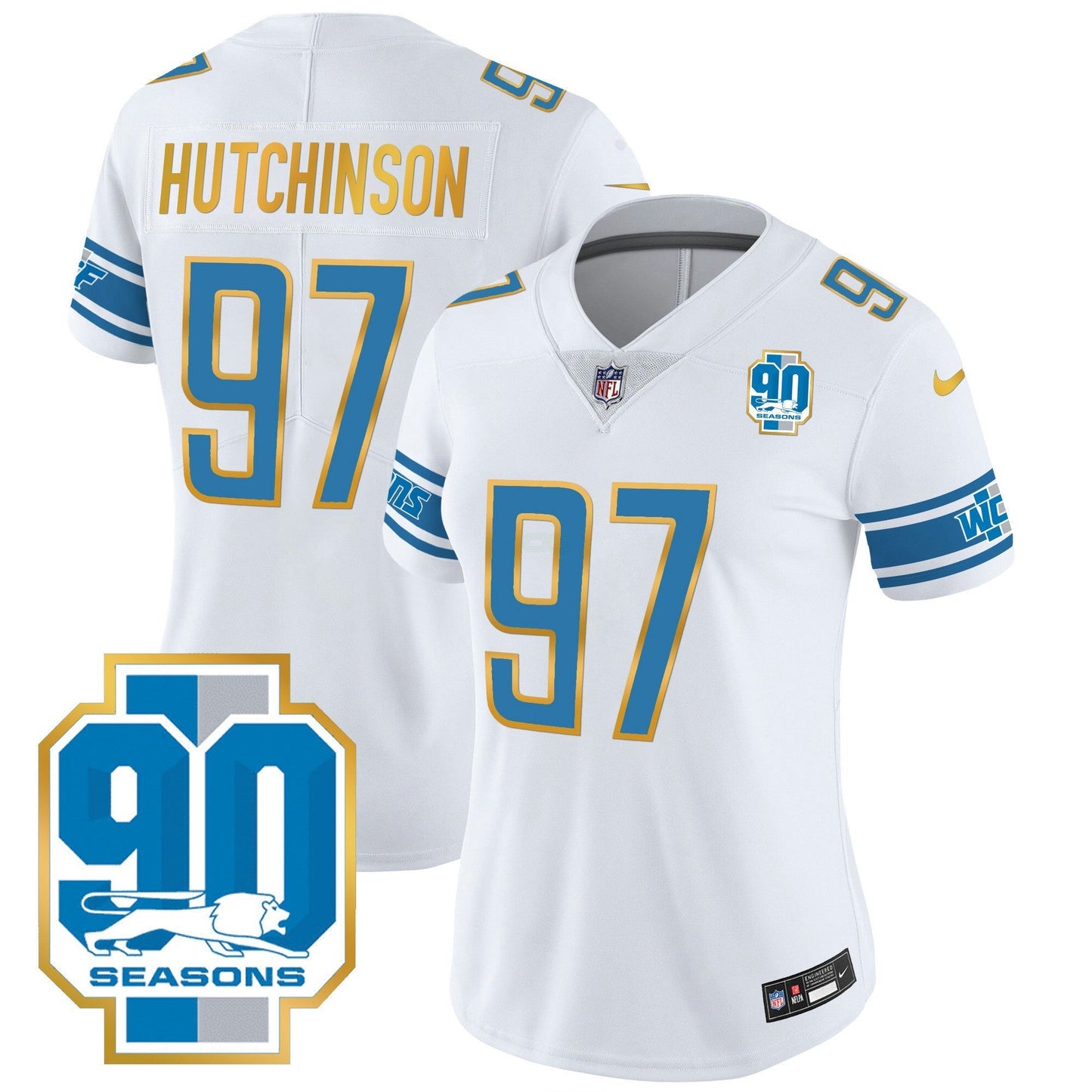 Camisa NFL Women’s Detroit 90th Year Patch Dourada Trim Jersey
