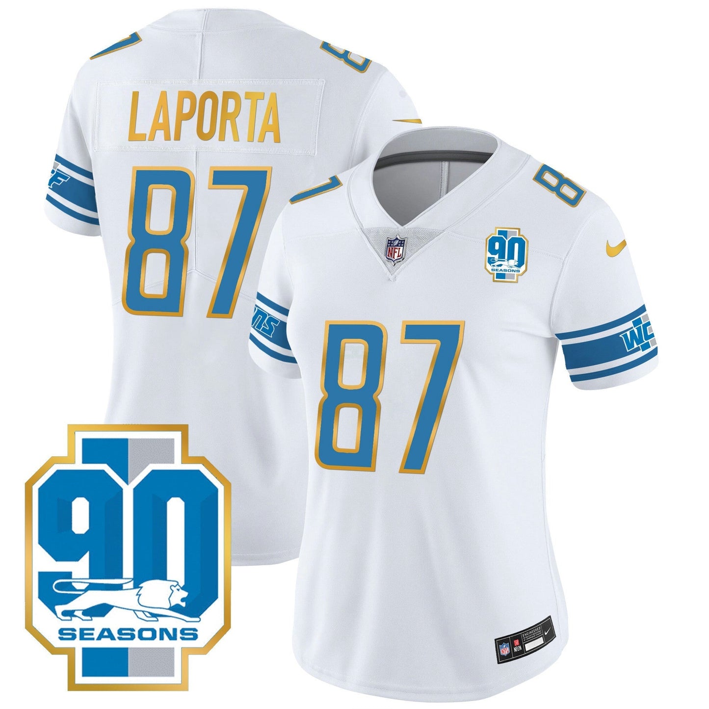 Camisa NFL Women’s Detroit 90th Year Patch Dourada Trim Jersey