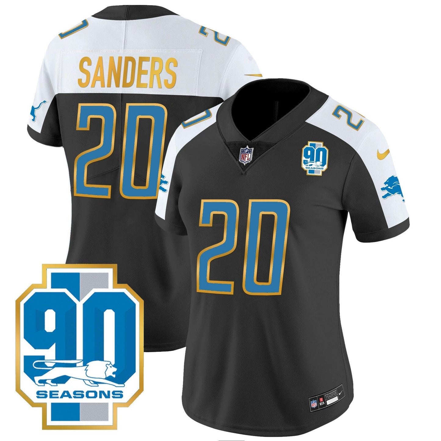 Camisa NFL Women’s Detroit 90th Year Patch Dourada Trim Jersey