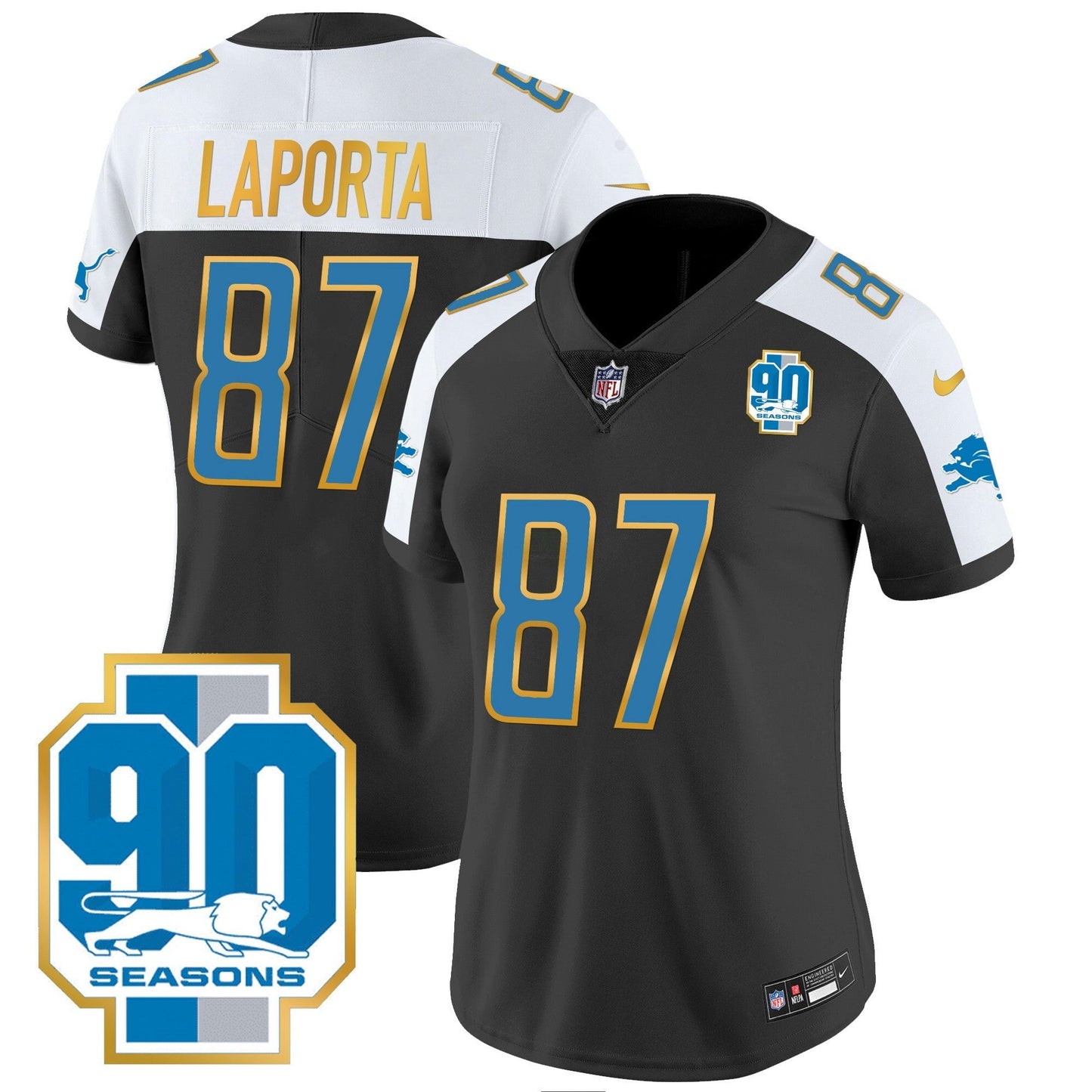 Camisa NFL Women’s Detroit 90th Year Patch Dourada Trim Jersey
