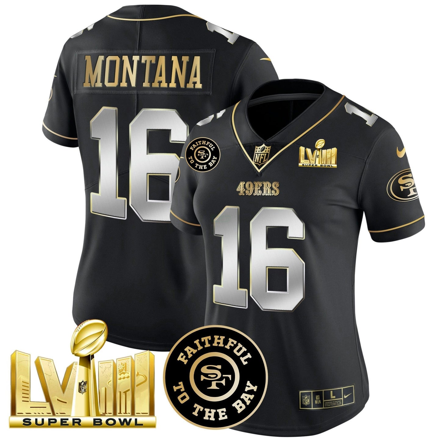 Camisa NFL Women’s Faithful & Super Bowl LVIII Dourada Patch Vapor Jersey