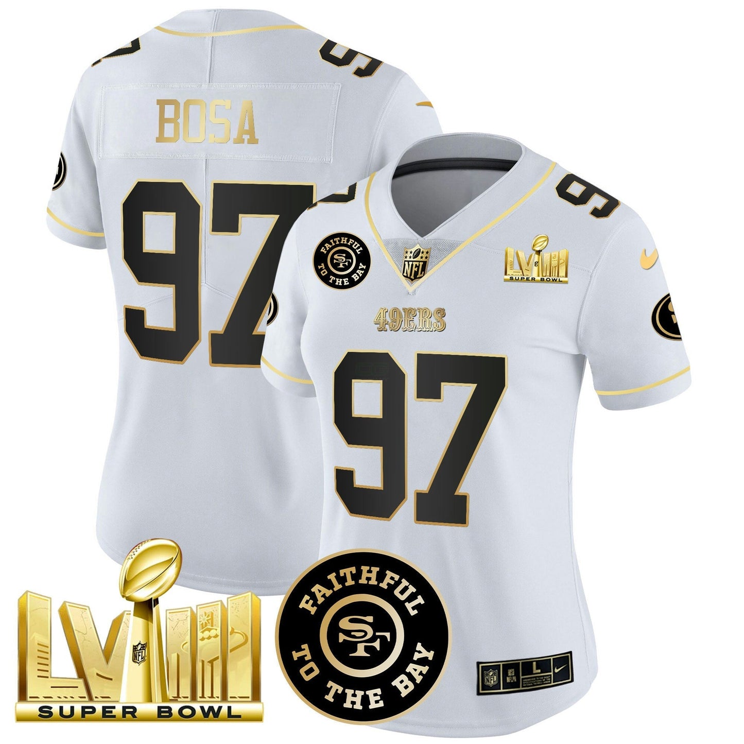 Camisa NFL Women’s Faithful & Super Bowl LVIII Dourada Patch Vapor Jersey V2