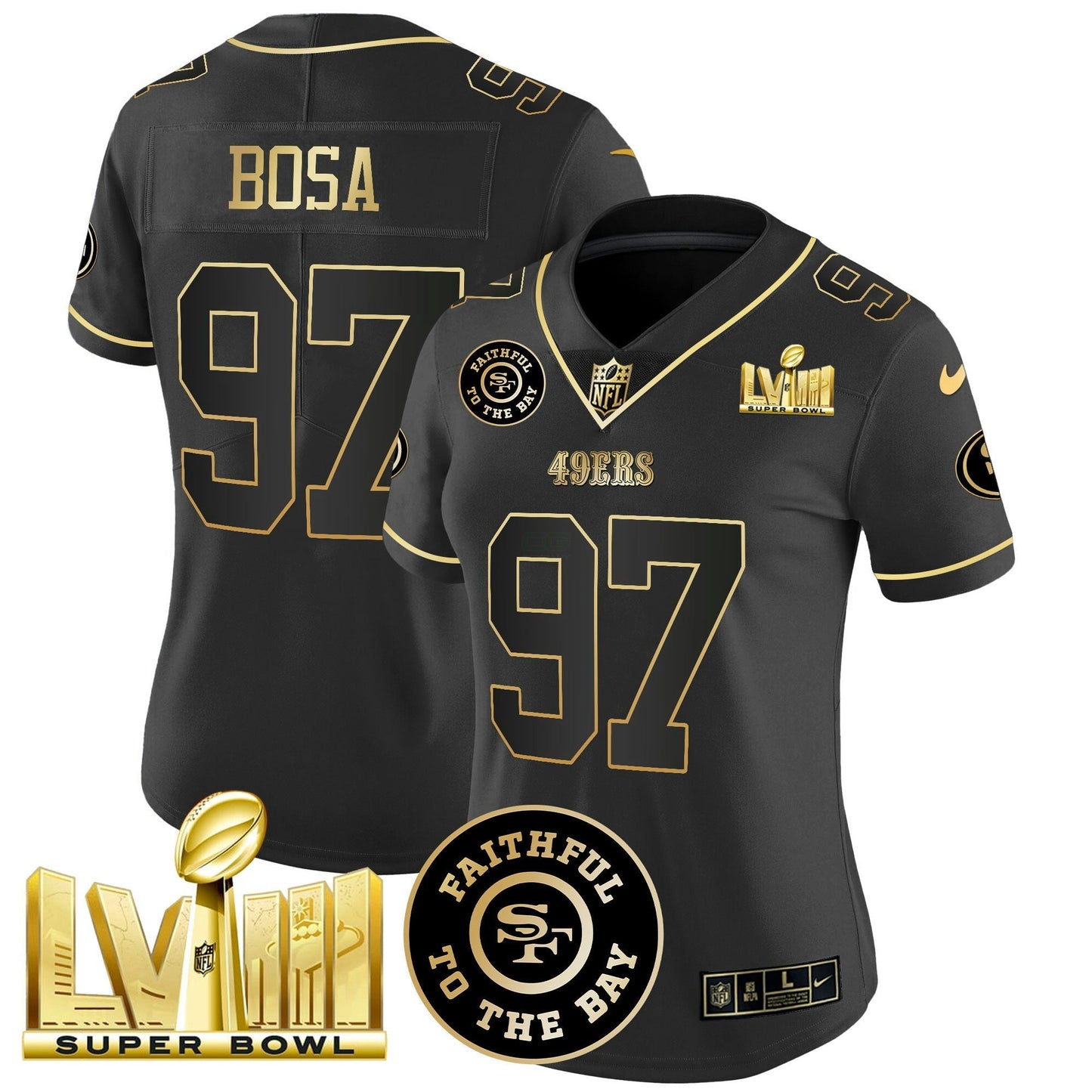 Camisa NFL Women’s Faithful & Super Bowl LVIII Dourada Patch Vapor Jersey V2