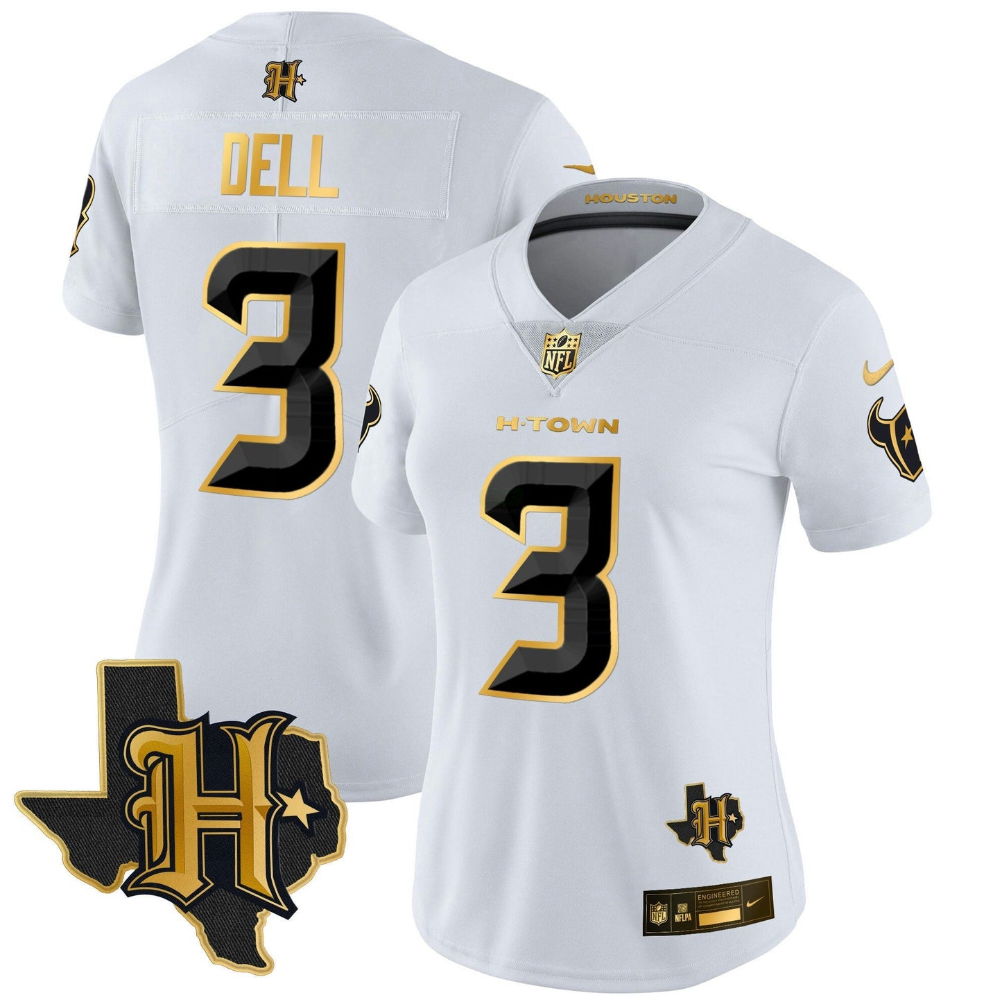 Camisa NFL Women’s Houston 2024 Texas Patch Dourada Vapor Limited Jersey