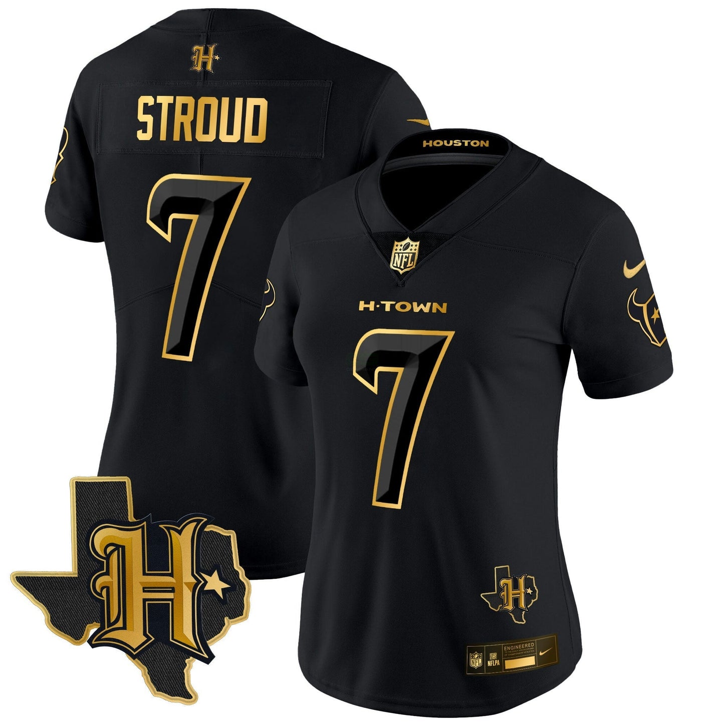 Camisa NFL Women’s Houston 2024 Texas Patch Dourada Vapor Limited Jersey