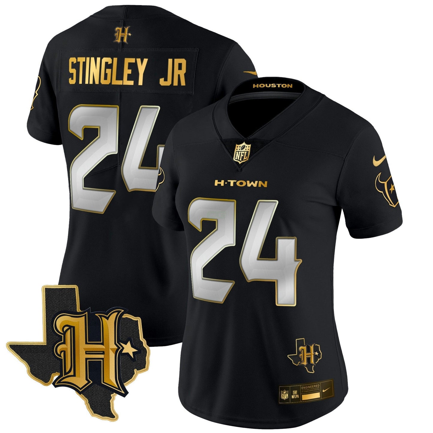 Camisa NFL Women’s Houston 2024 Texas Patch Dourada Vapor Limited Jersey