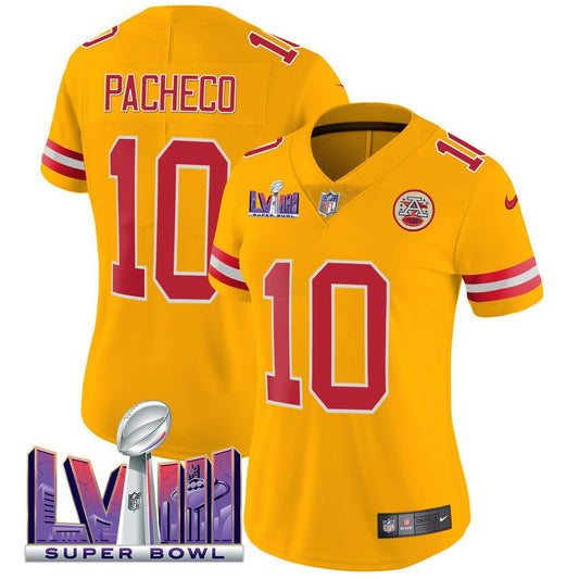 Camisa NFL Women’s Isiah Pacheco Kansas City Super Bowl LVIII Patch Amarela Jersey - Amarela