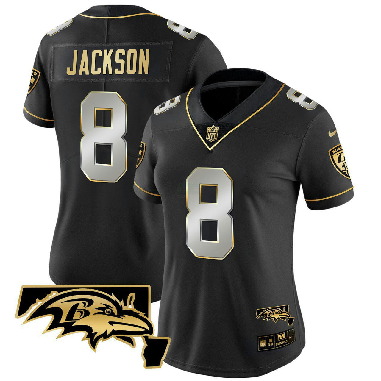 Camisa NFL Women’s Lamar Jackson Maryland Patch Vapor Limited Jersey – All Stitched – Preta Dourada - Lamar Jackson