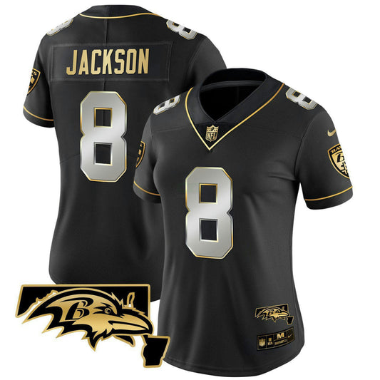 Camisa NFL Women’s Lamar Jackson Maryland Patch Vapor Limited Jersey – All Stitched – Preta Dourada - Lamar Jackson