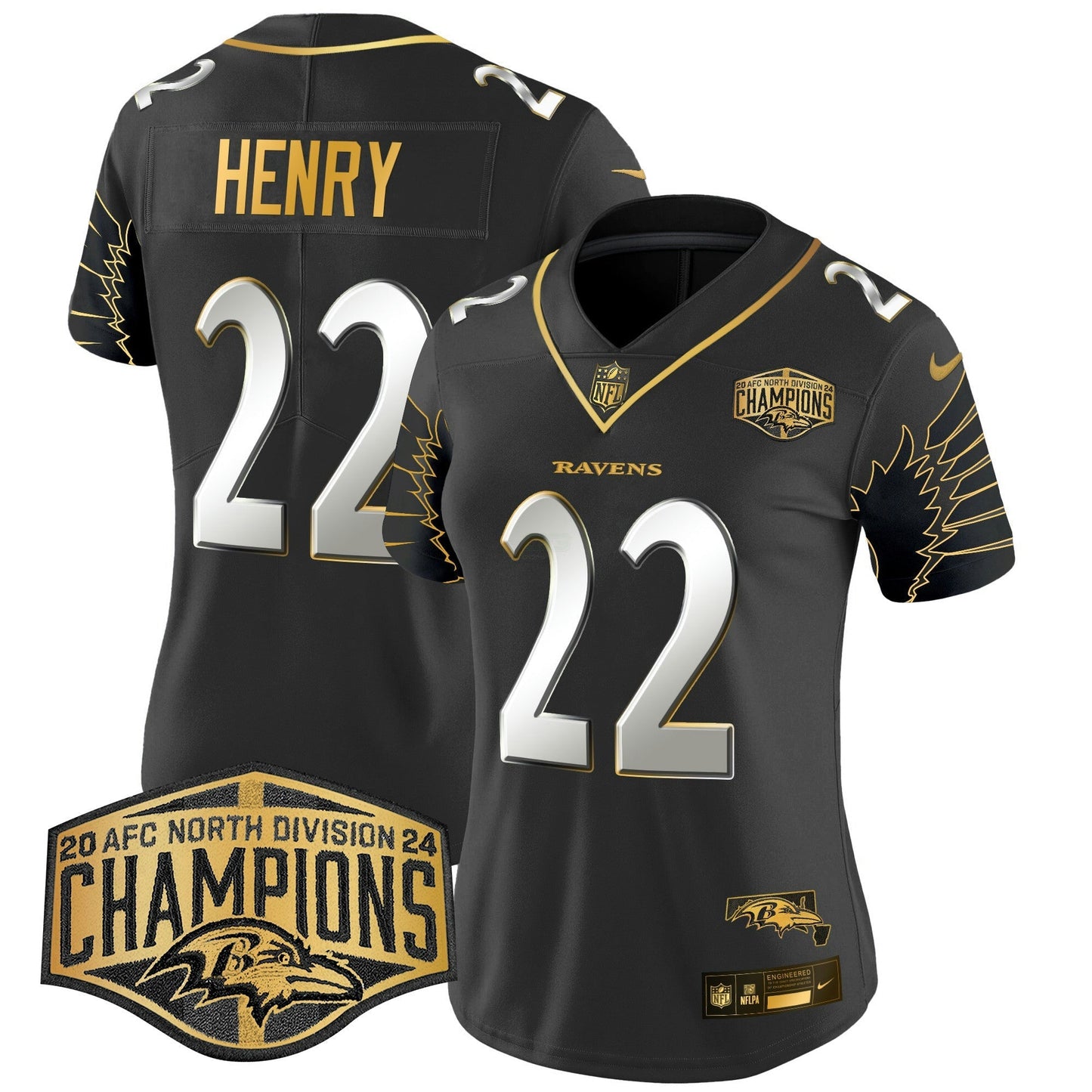 Camisa NFL Women’s Maryland 2024 AFC North Division Champions Patch Dourada Vapor Limited Jersey