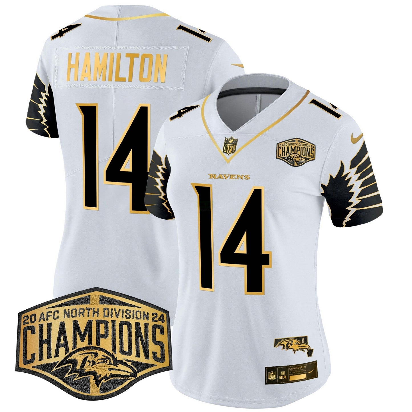 Camisa NFL Women’s Maryland 2024 AFC North Division Champions Patch Dourada Vapor Limited Jersey
