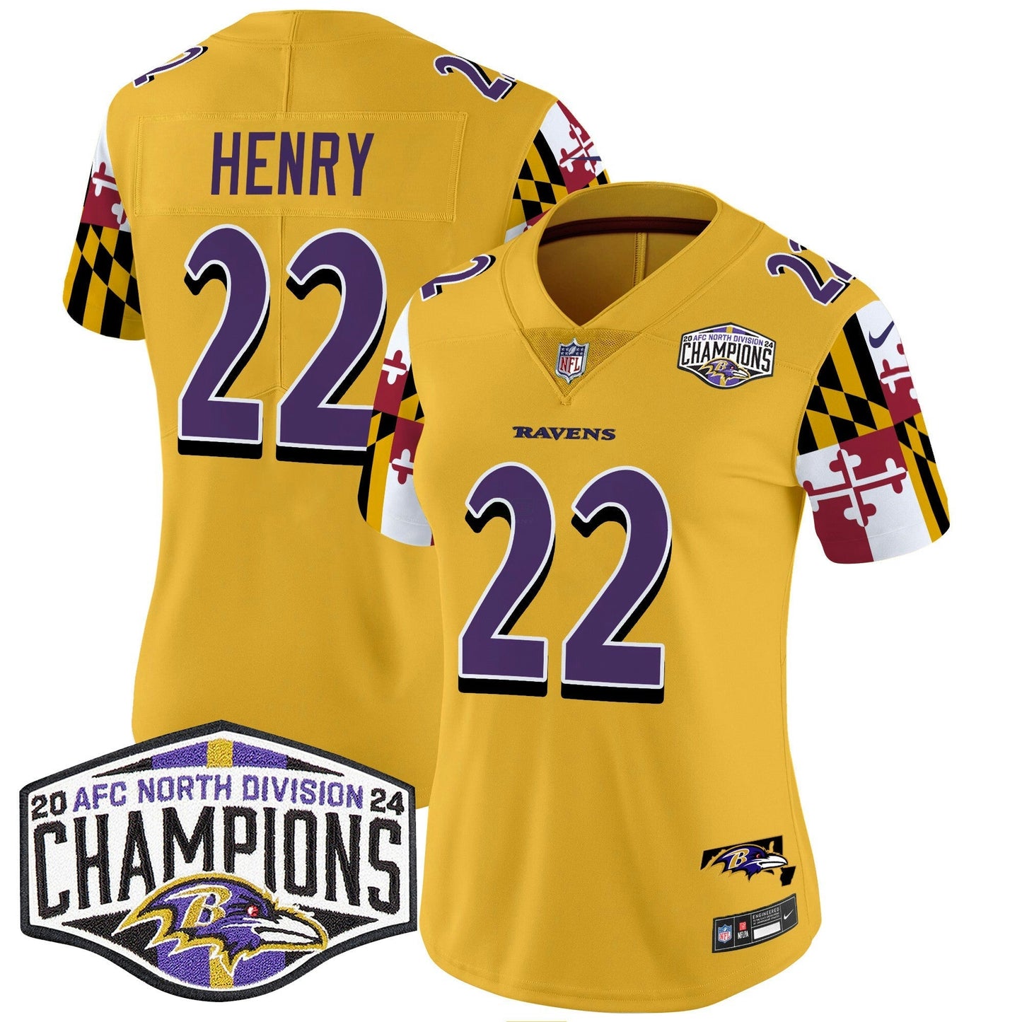 Camisa NFL Women’s Maryland Flag 2024 AFC North Division Champions Patch Vapor Limited Jersey