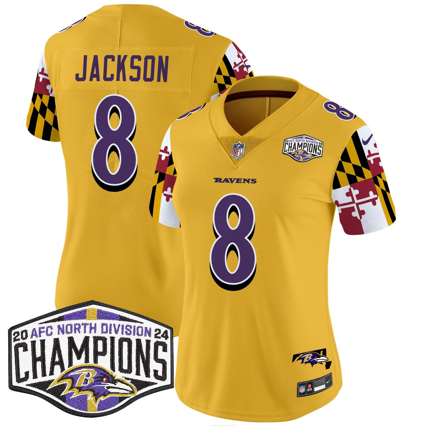 Camisa NFL Women’s Maryland Flag 2024 AFC North Division Champions Patch Vapor Limited Jersey