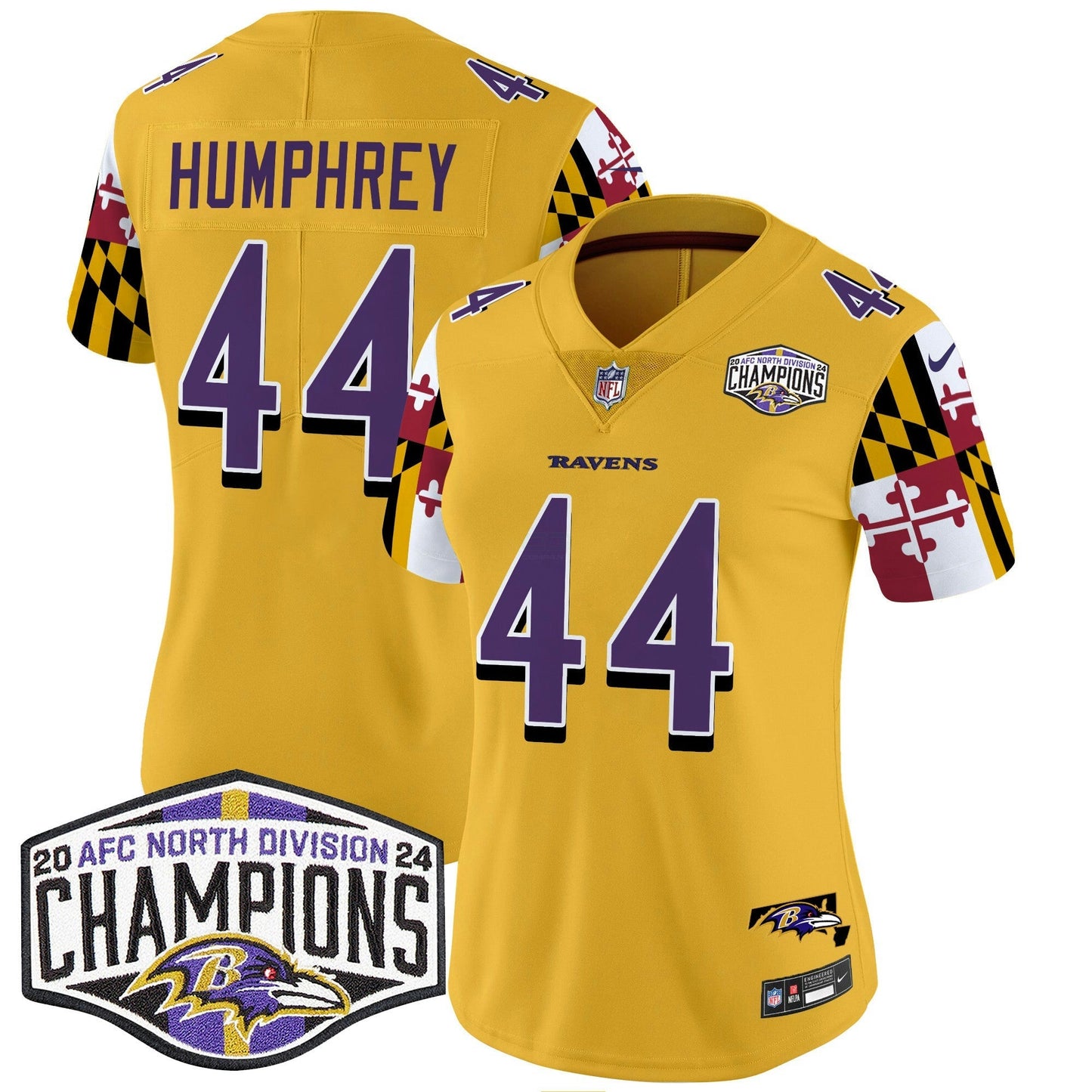 Camisa NFL Women’s Maryland Flag 2024 AFC North Division Champions Patch Vapor Limited Jersey