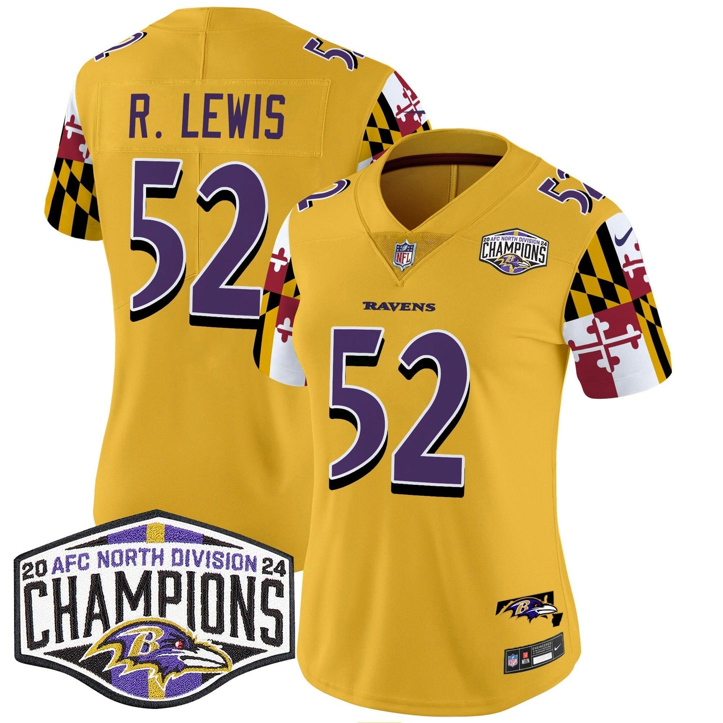Camisa NFL Women’s Maryland Flag 2024 AFC North Division Champions Patch Vapor Limited Jersey