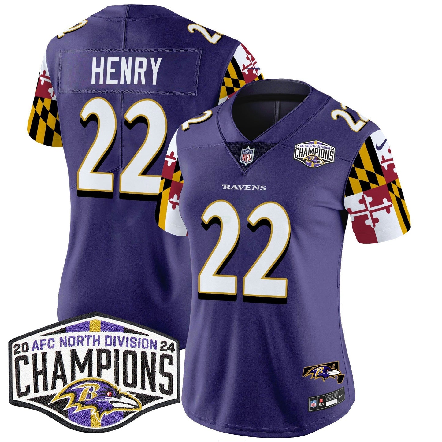 Camisa NFL Women’s Maryland Flag 2024 AFC North Division Champions Patch Vapor Limited Jersey