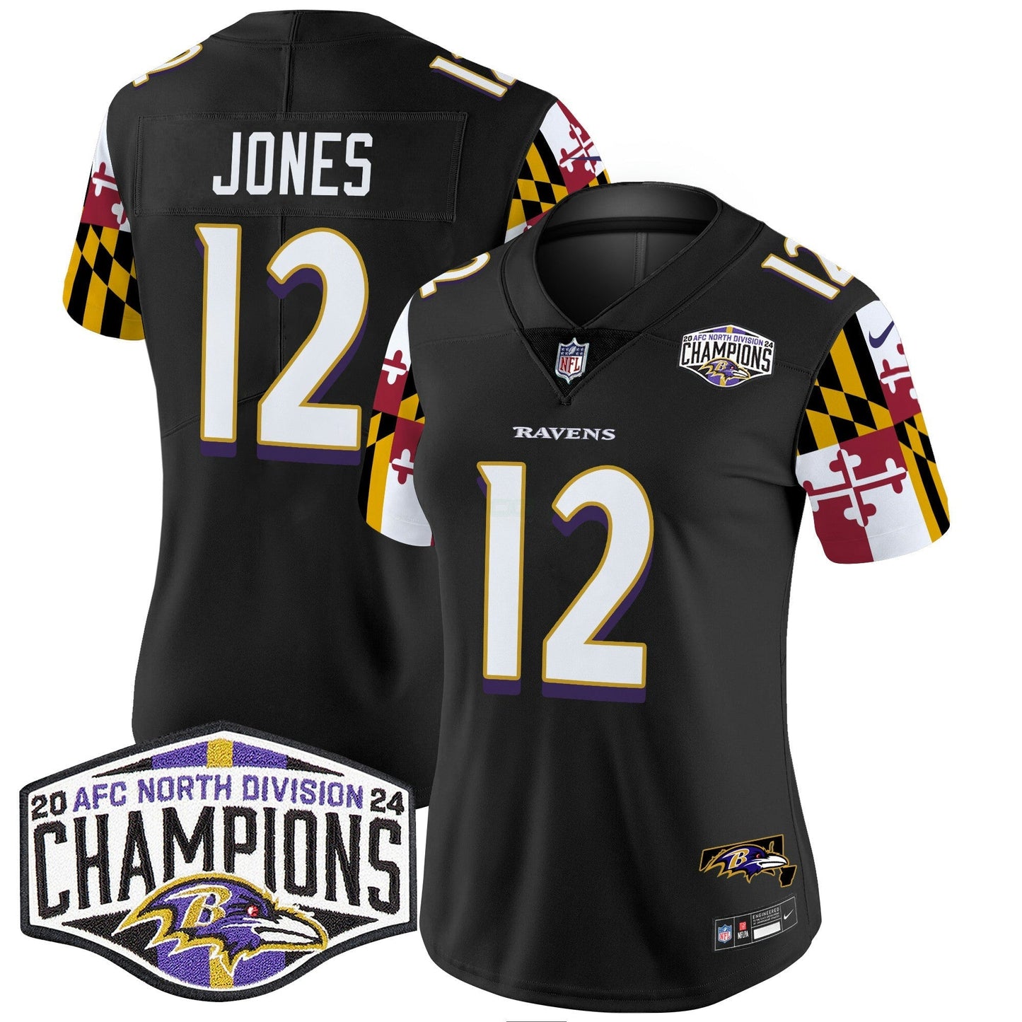 Camisa NFL Women’s Maryland Flag 2024 AFC North Division Champions Patch Vapor Limited Jersey
