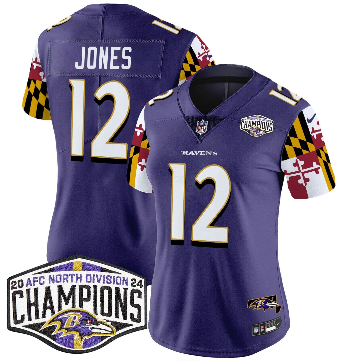 Camisa NFL Women’s Maryland Flag 2024 AFC North Division Champions Patch Vapor Limited Jersey