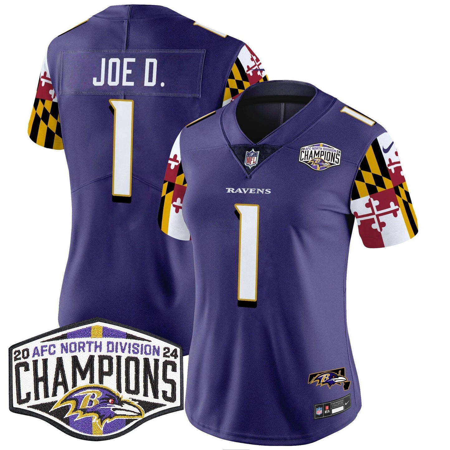 Camisa NFL Women’s Maryland Flag 2024 AFC North Division Champions Patch Vapor Limited Jersey