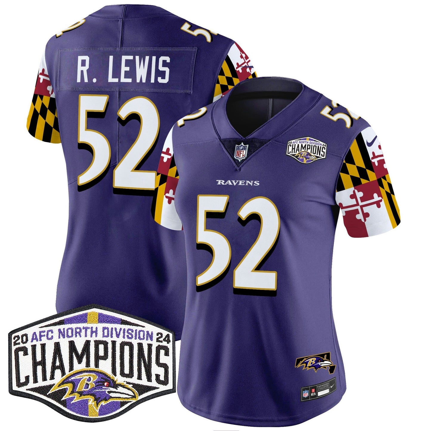 Camisa NFL Women’s Maryland Flag 2024 AFC North Division Champions Patch Vapor Limited Jersey