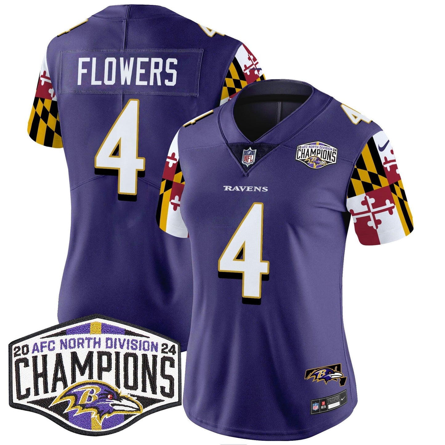 Camisa NFL Women’s Maryland Flag 2024 AFC North Division Champions Patch Vapor Limited Jersey