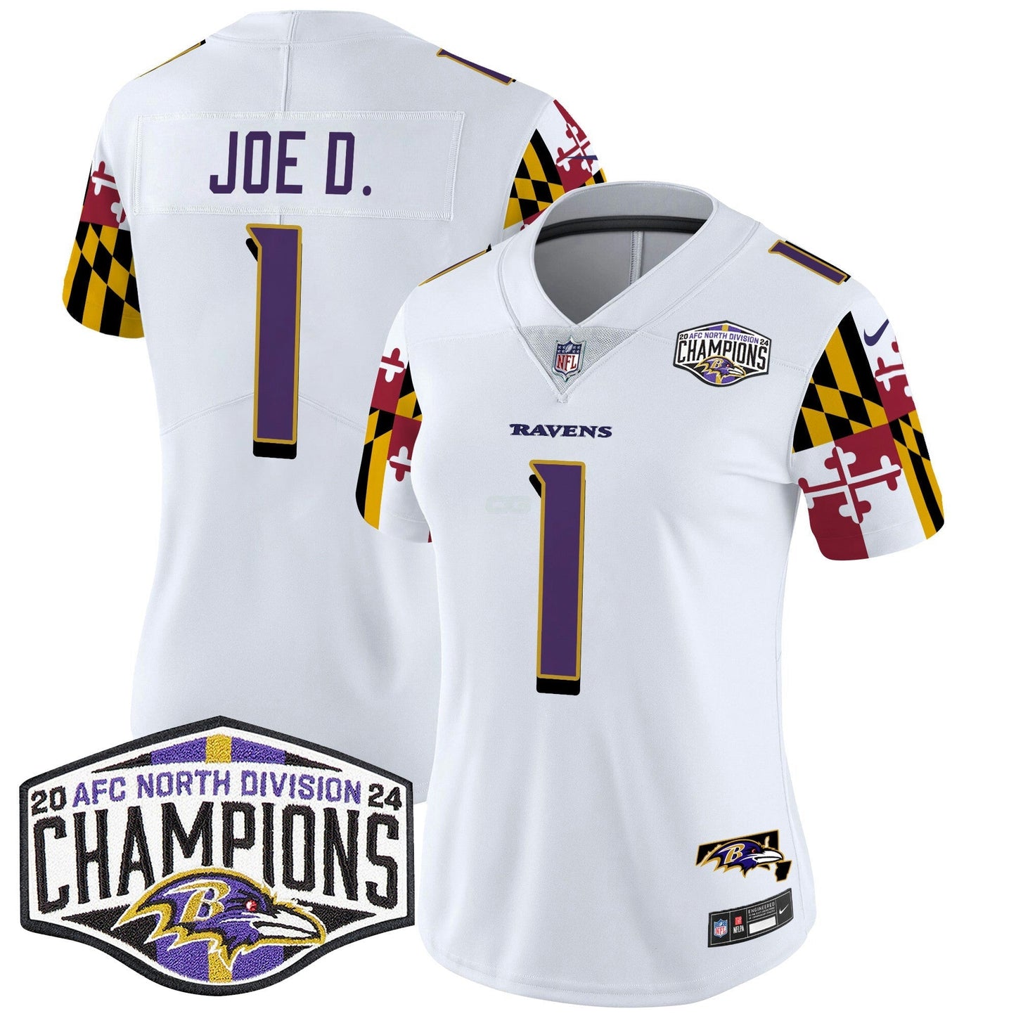 Camisa NFL Women’s Maryland Flag 2024 AFC North Division Champions Patch Vapor Limited Jersey
