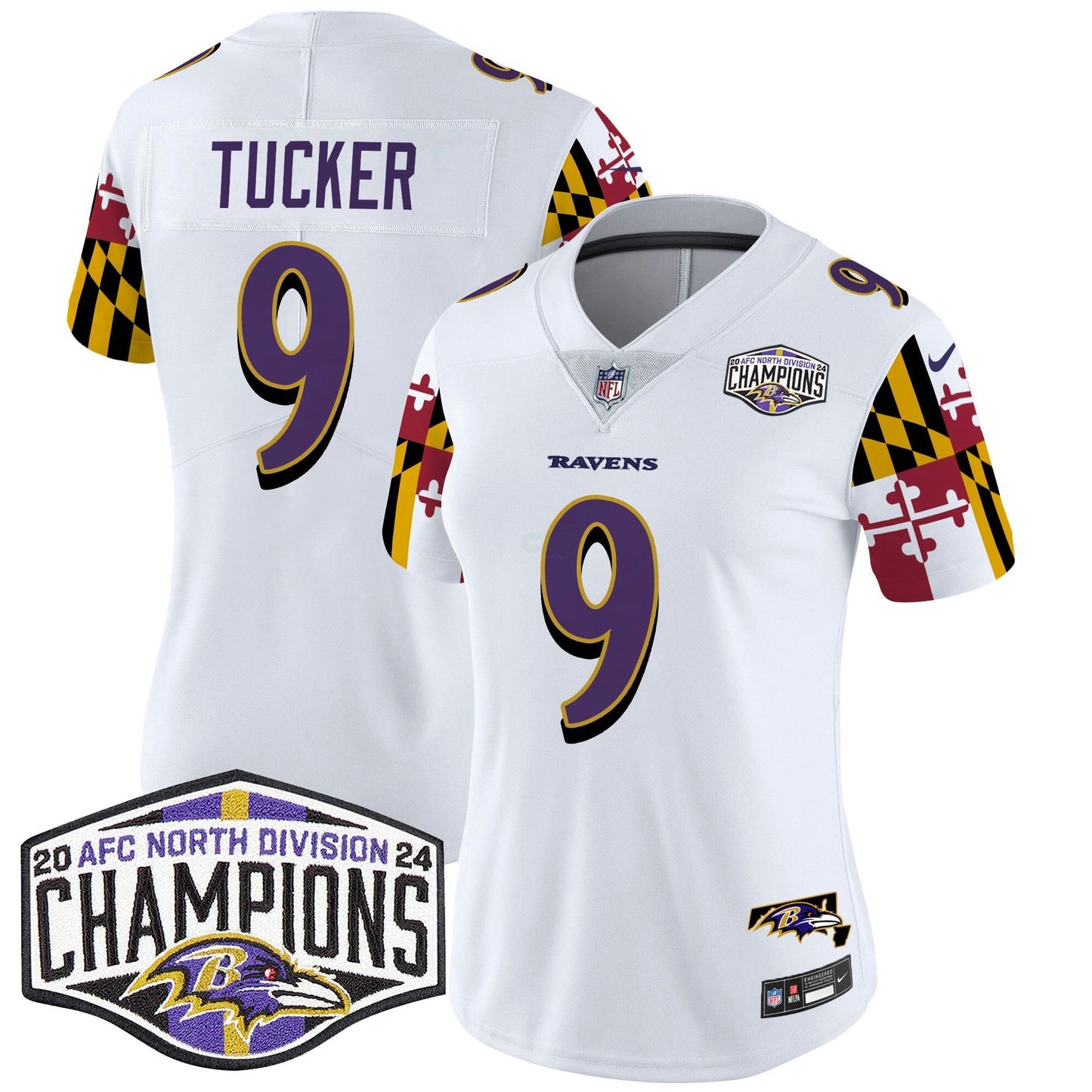 Camisa NFL Women’s Maryland Flag 2024 AFC North Division Champions Patch Vapor Limited Jersey