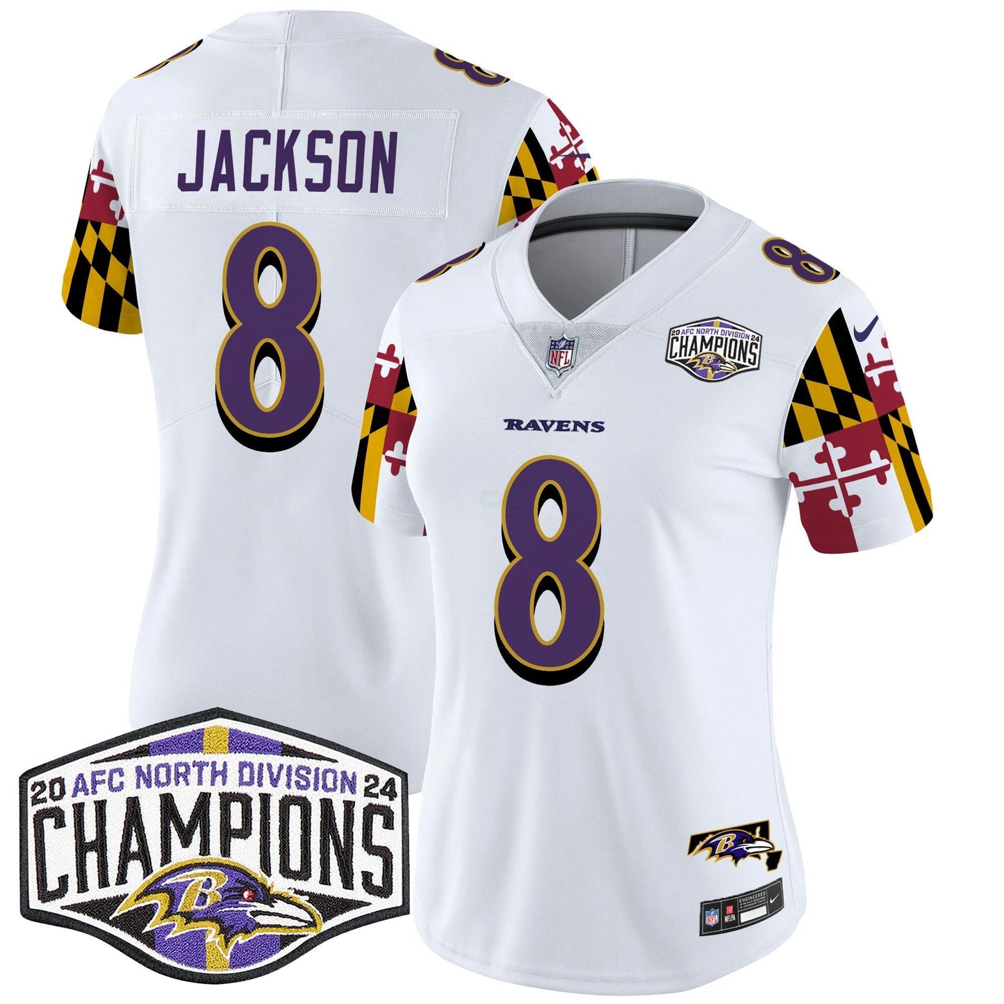 Camisa NFL Women’s Maryland Flag 2024 AFC North Division Champions Patch Vapor Limited Jersey