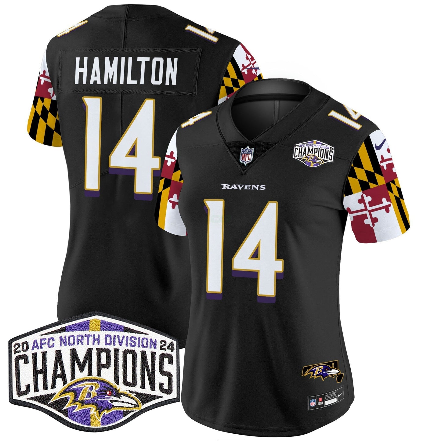 Camisa NFL Women’s Maryland Flag 2024 AFC North Division Champions Patch Vapor Limited Jersey