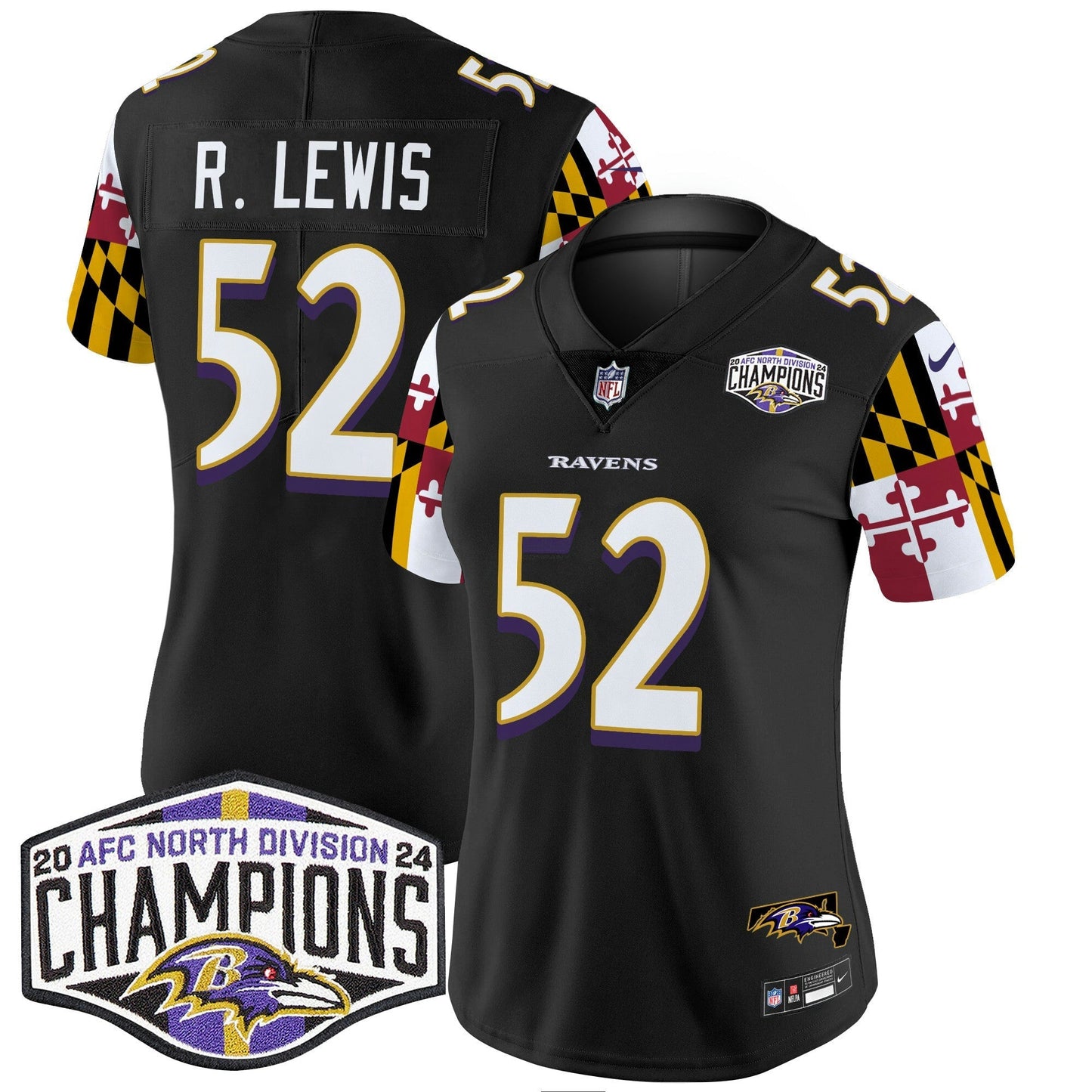 Camisa NFL Women’s Maryland Flag 2024 AFC North Division Champions Patch Vapor Limited Jersey