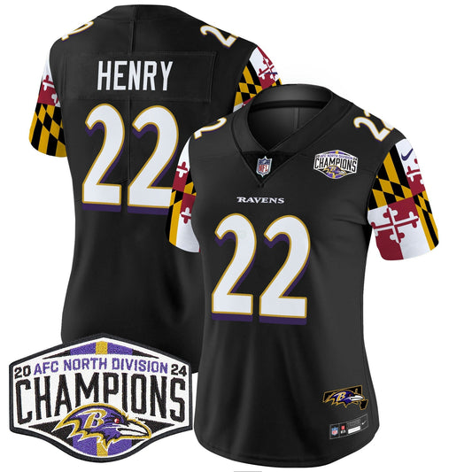 Camisa NFL Women’s Maryland Flag 2024 AFC North Division Champions Patch Vapor Limited Jersey