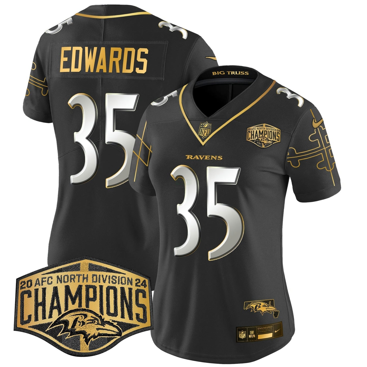 Camisa NFL Women’s Maryland Flag Map 2024 AFC North Division Champions Patch Dourada Vapor Limited Jersey