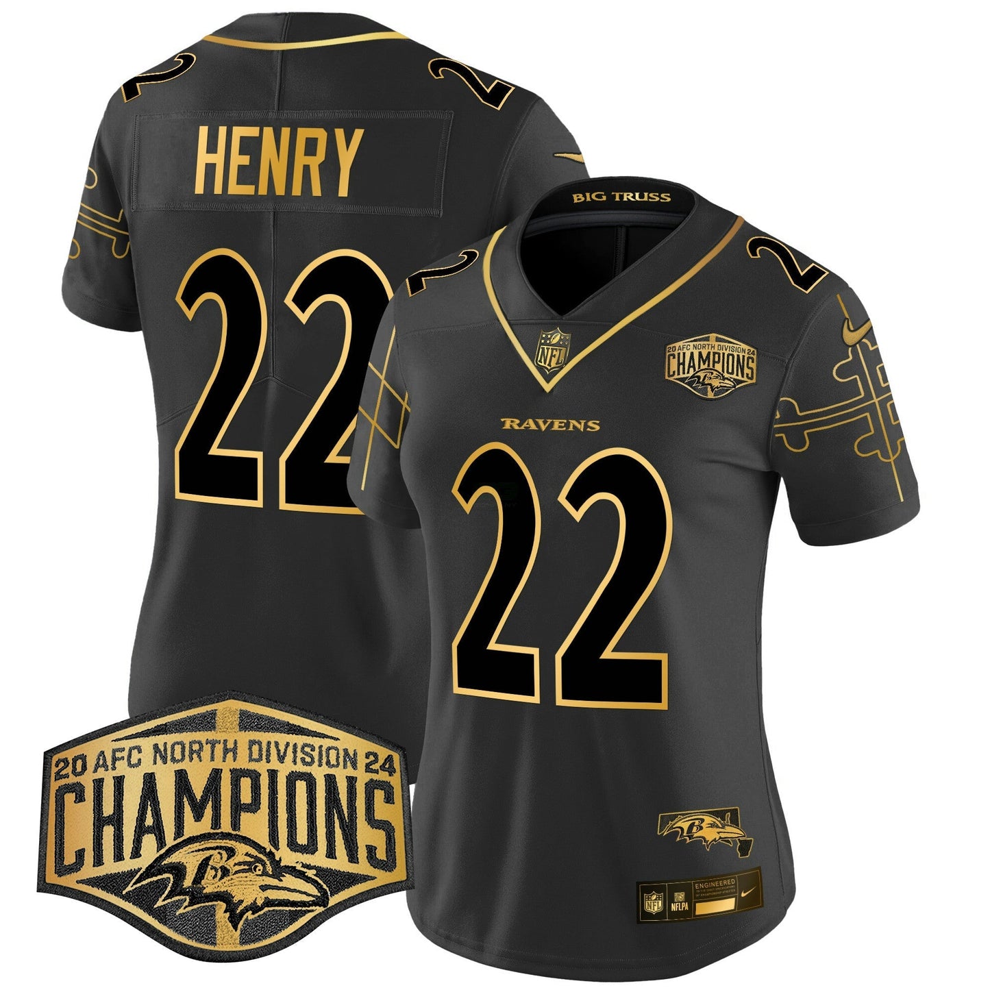 Camisa NFL Women’s Maryland Flag Map 2024 AFC North Division Champions Patch Dourada Vapor Limited Jersey