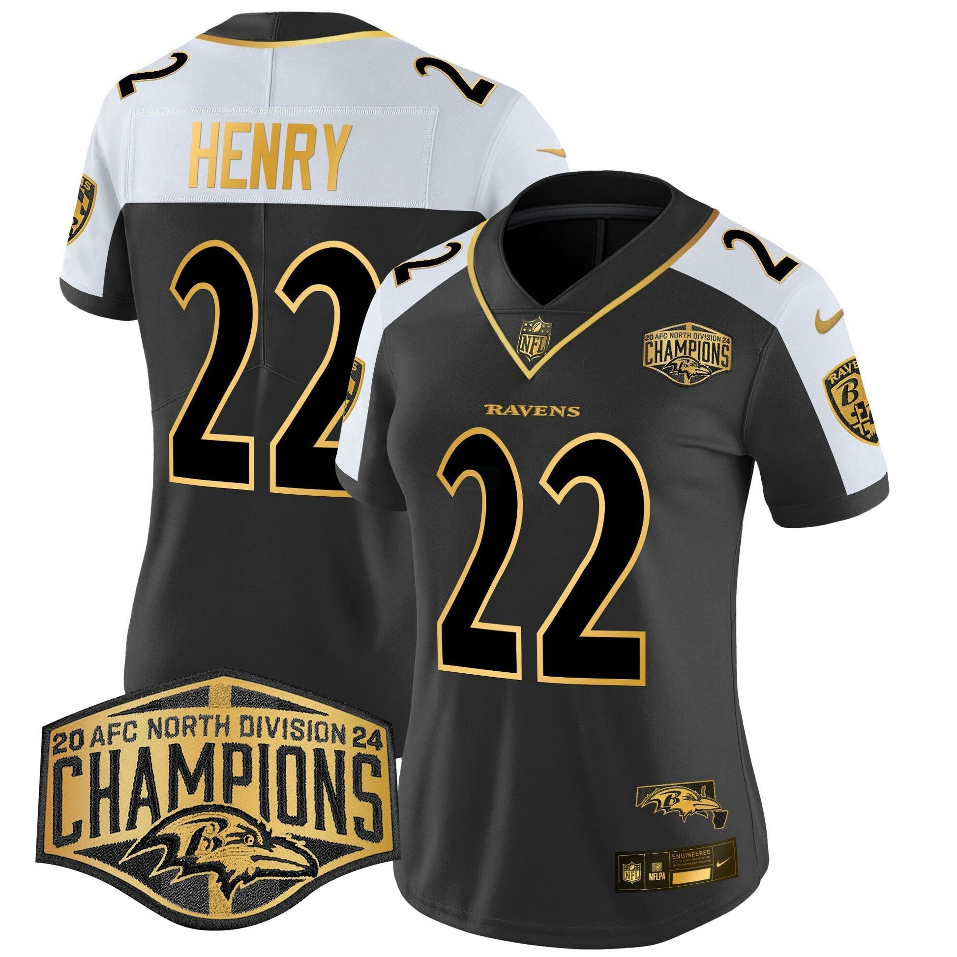 Camisa NFL Women’s Maryland Flag Map 2024 AFC North Division Champions Patch Dourada Vapor Limited Jersey