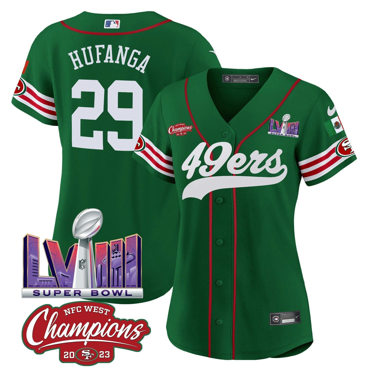 Camisa NFL Women’s Mexico NFC West Champions & Super Bowl LVIII Patch Jersey