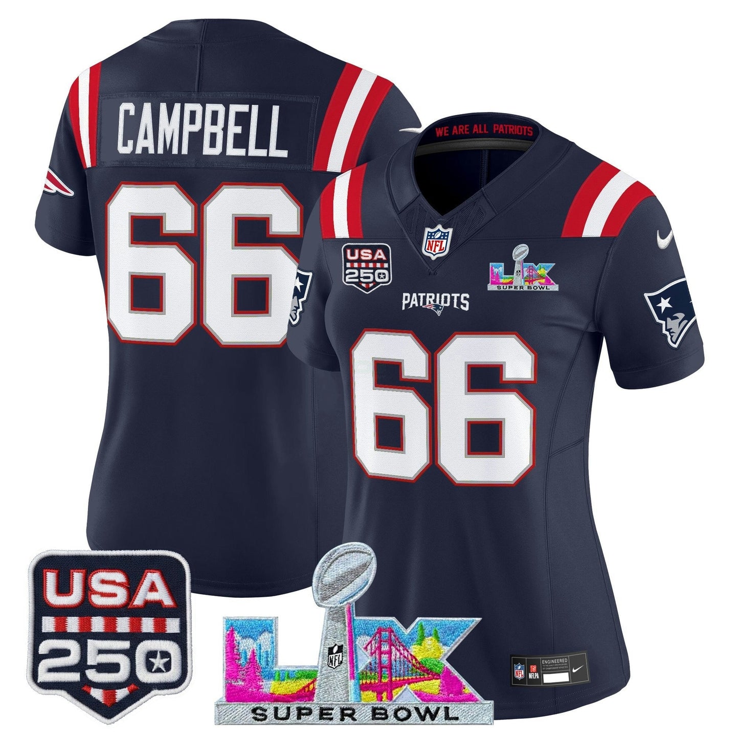 Camisa NFL Women’s New England “Super Bowl LX & United States 250th Anniversary Patch” Vapor Limited Jersey